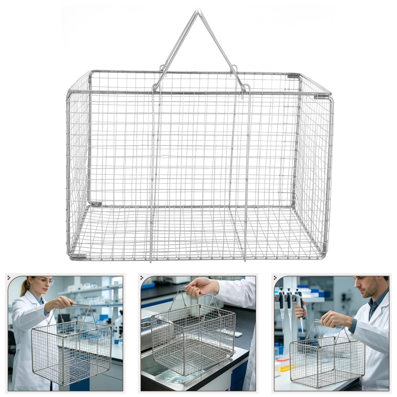 Amosfun Edelstahl Schall Reinigungskorb mit Griff Rechteckig Robust und Sicher für Laborausrüstung und Schallreinigungsmaschinen Silber