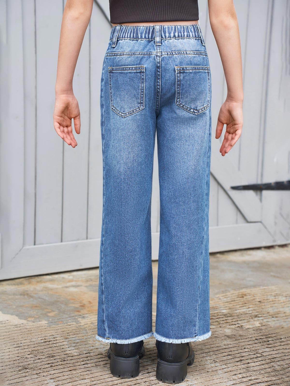 Haloumoning Jeans a gamba larga per bambine con tasche, 5-14 anni | Elastico a vita alta, orlo grezzo