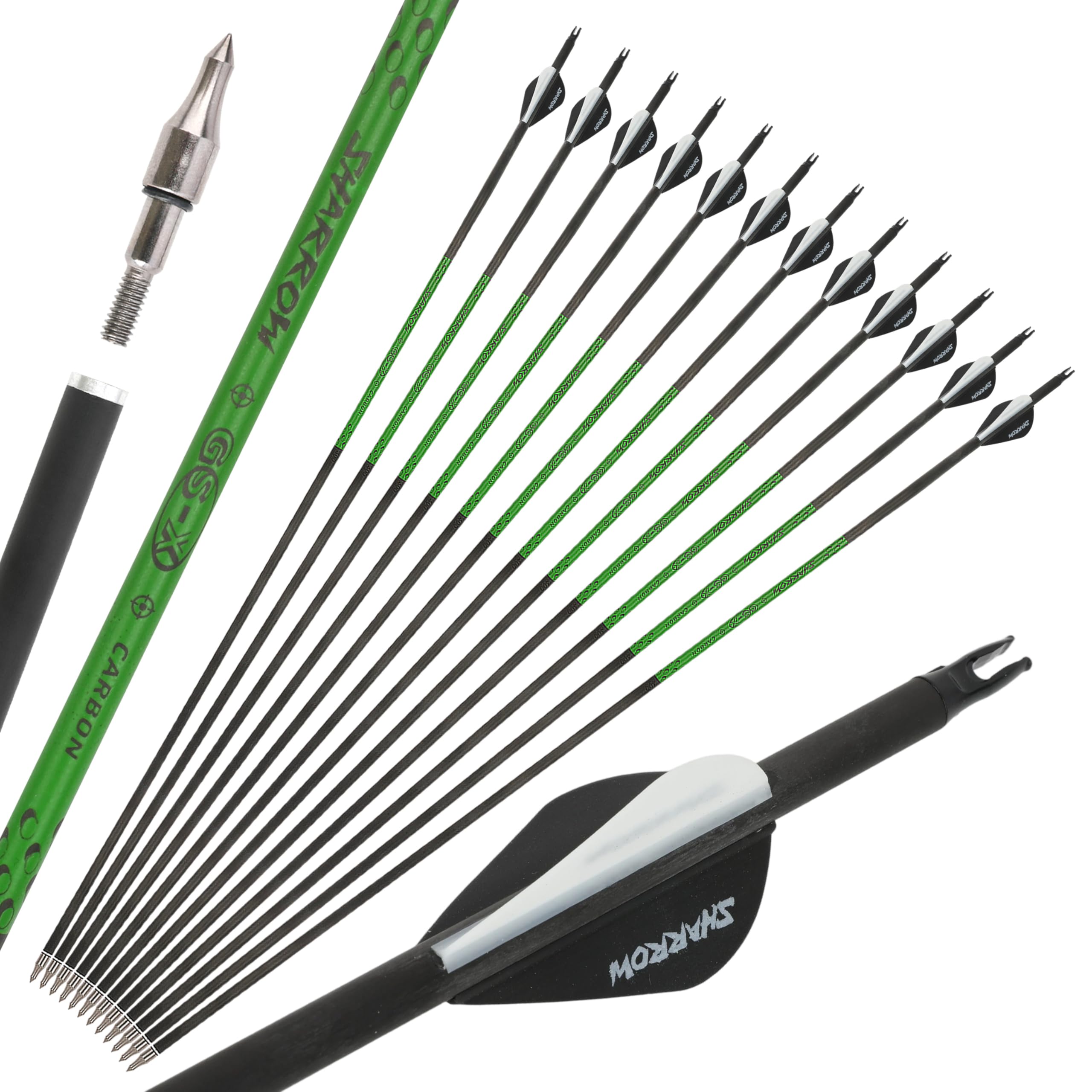 SHARROW Archery Carbon Arrows 30 inch Hunting Practice Arrows Spine 300-800 for Compound Bow and Recurve Bow (Black, Spine 300)