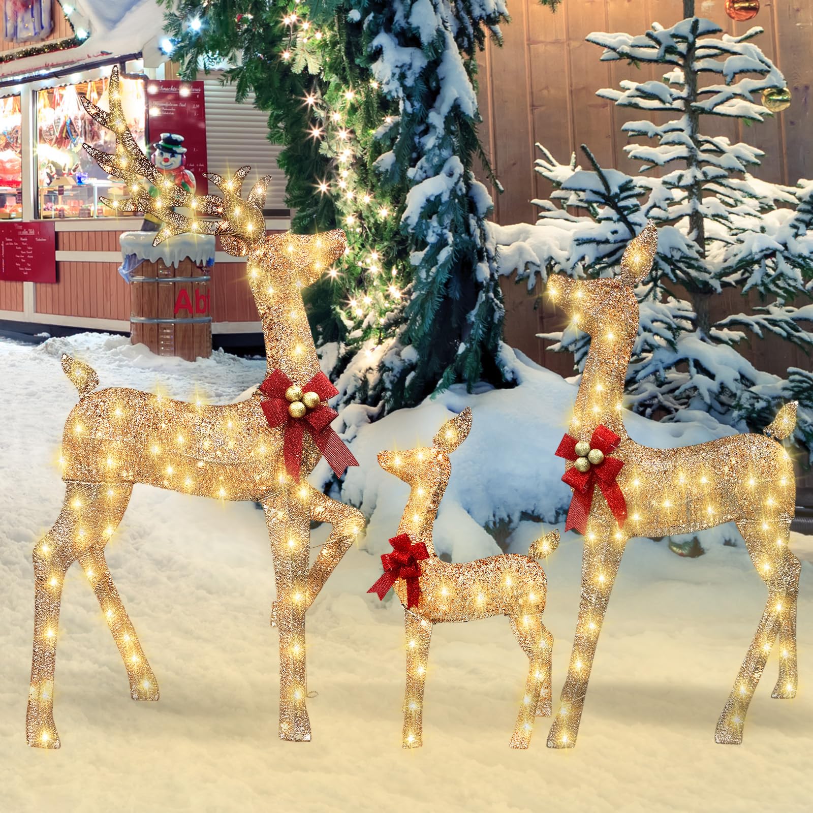 Lot de 3 grandes familles de cerfs de Noël lumineux 3D avec 220 lumières LED, prise - Doré