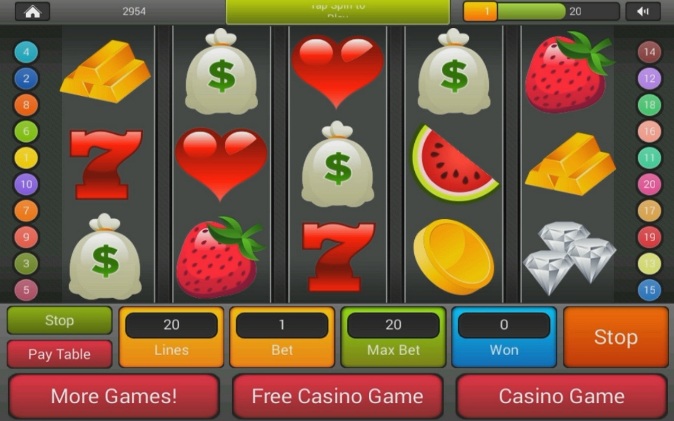 Schermata di gioco di slot machine online con simboli colorati e interfaccia utente