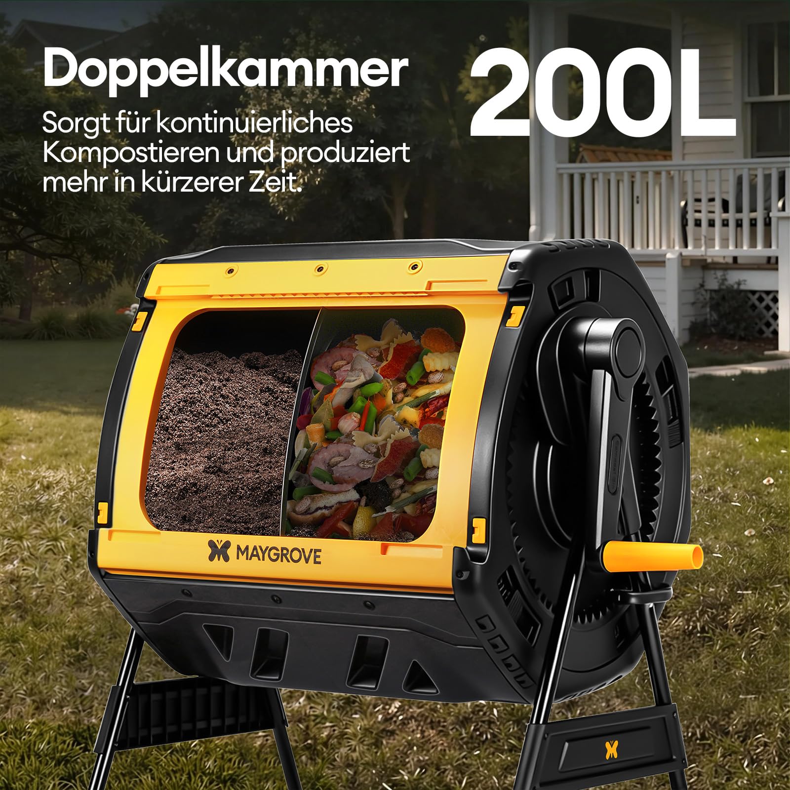 Maygrove Komposter Garten 200L Schnellkomposter mit 2 Großen Kammern und Schiebetüren Trommelkomposter 360°-Drehung mit Stabilem Stahlrahmen für Küchen- & Gartenabfälle