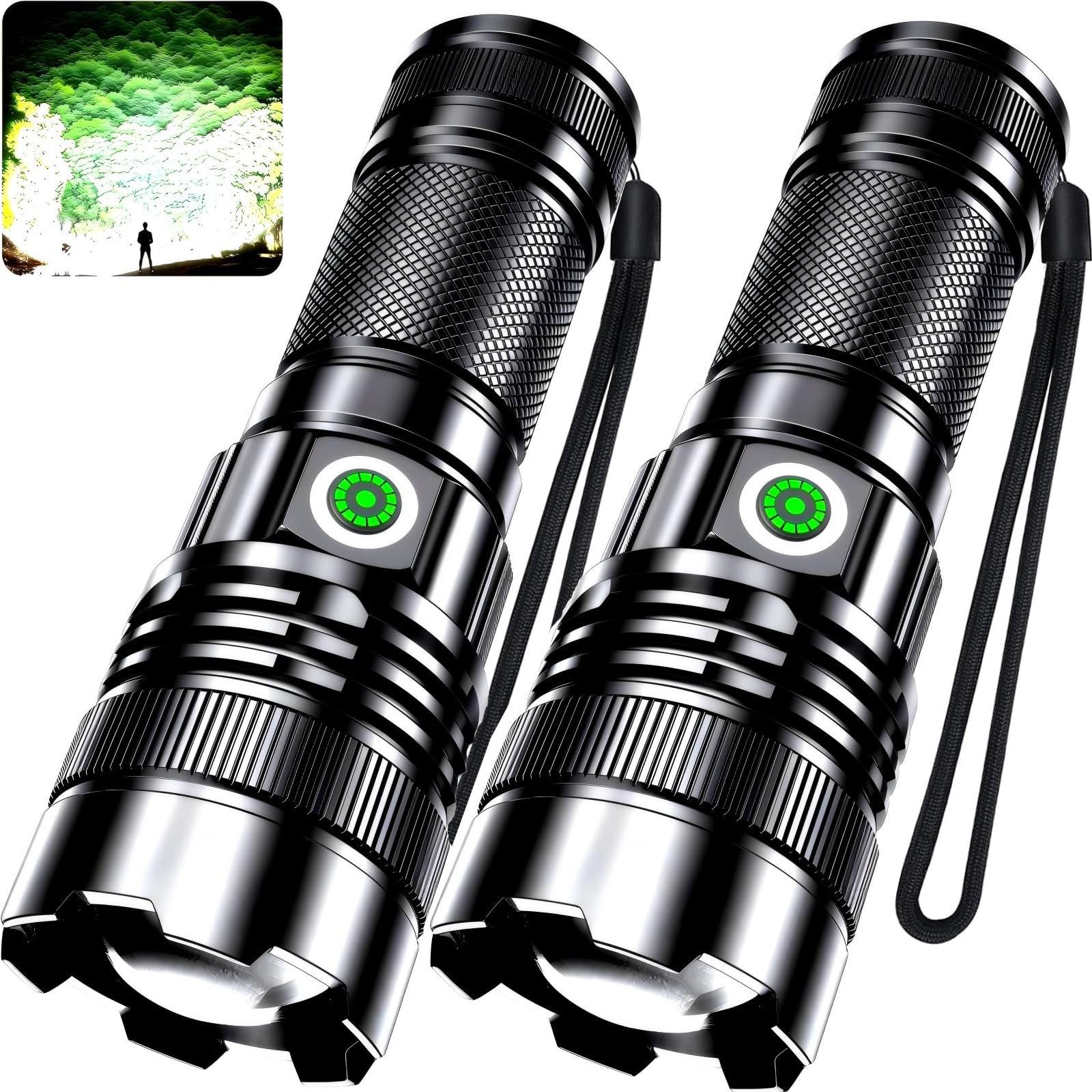 Flashlight Rechargeable, 2Pack 990,000 High Lumens Super Bright LED Flashlights, IPX6 Waterproof, 3 Light Modes, Zoomable, Type-C Charging Flash Light with USB-A Output for Camping, Emergency, Home - 2