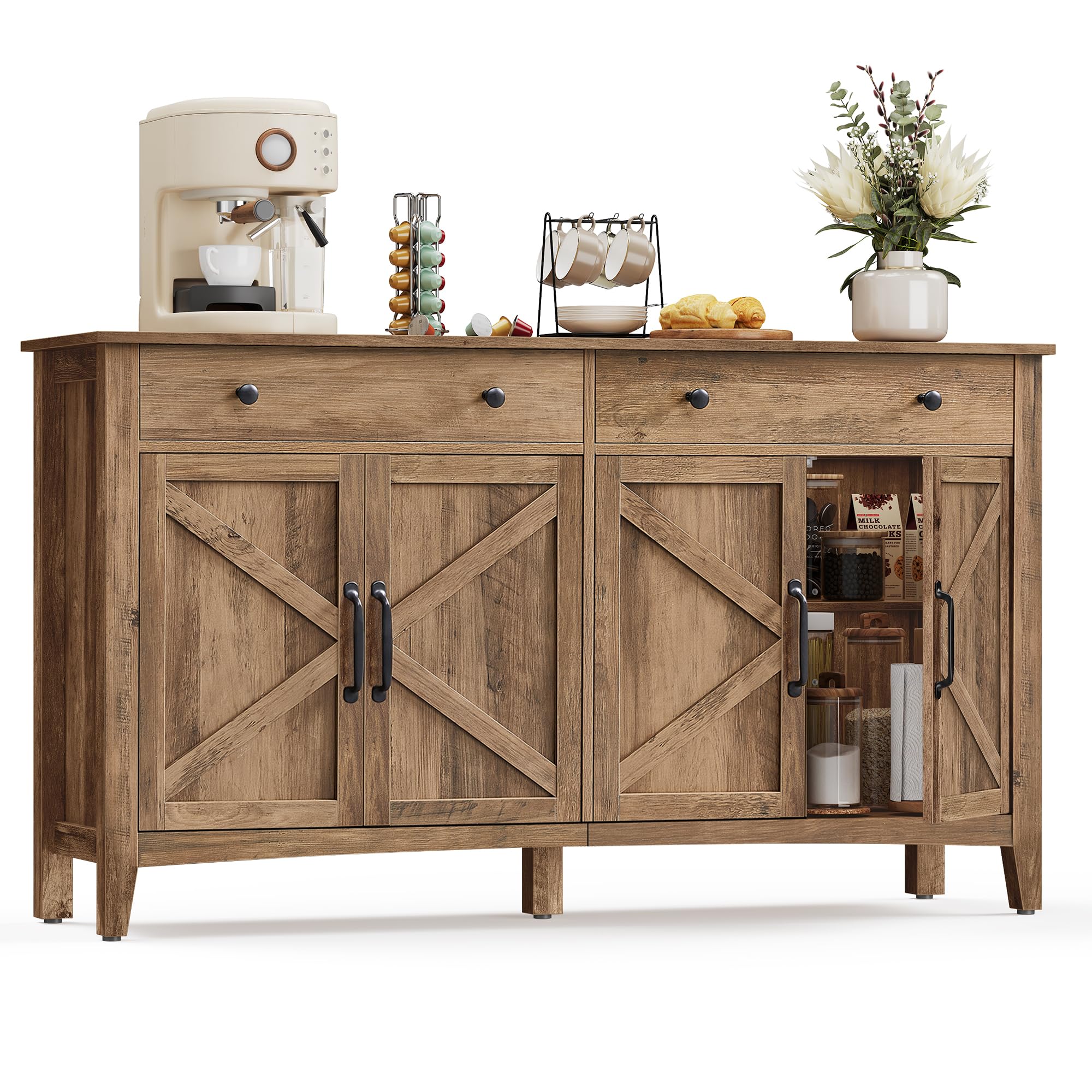 VASAGLE Coffee Bar Cabinet, Kitchen Storage Cabinet with 2 Drawers, Farmhouse Cabinet Sideboard with Adjustable Shelves for Kitchen, Honey Brown UBBK381K01