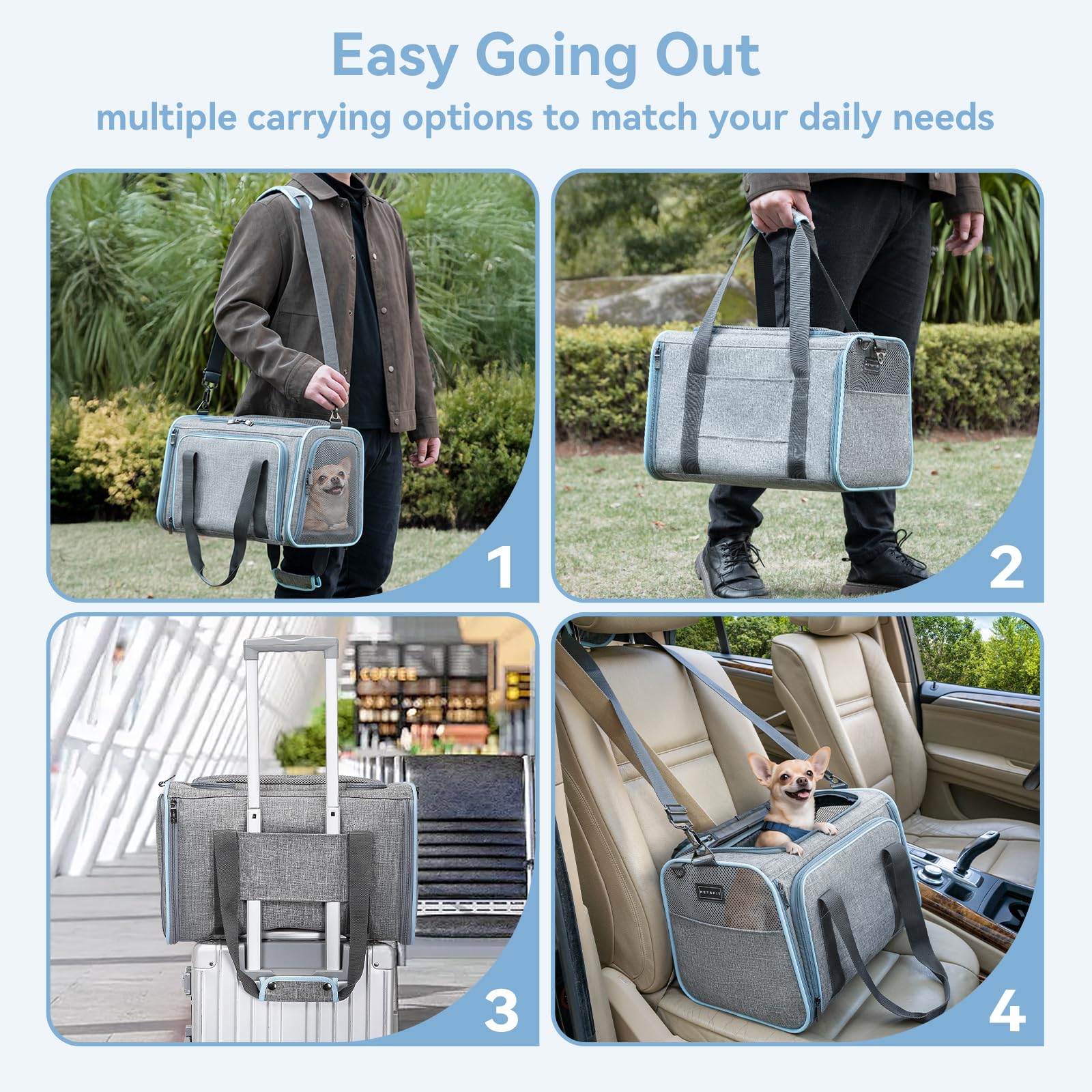 Petsfit - Transportín ampliable para perros, con forro polar, apto para la mayoría de aerolíneas, equipaje de mano, suave, plegable, con bolsillos