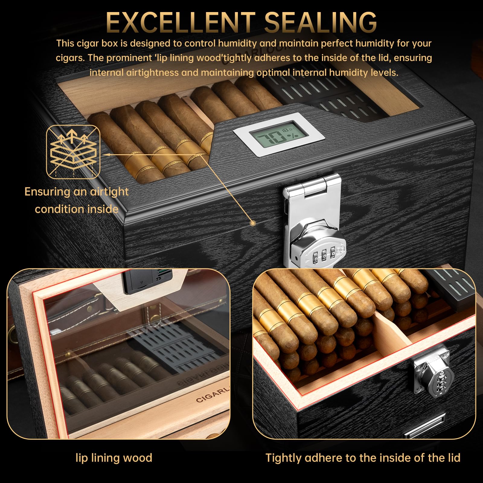 Zigarren Humidor, Zedernholz Humidor Zigarrenbox, Desktop Humidor mit Hygrometer, Luftbefeuchter, Regal, Trennwand, Zigarrenzubehör Schublade und Zahlenschloss, für 75 Zigarren, Zigarren Geschenke für