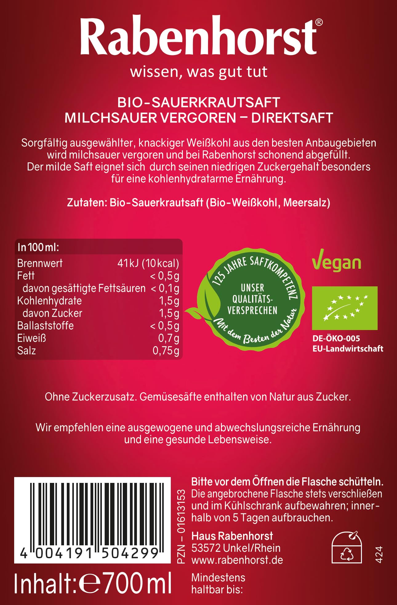 RABENHORST Mildes Sauerkraut BIO 6er Pack (6 x 700 ml) - Milchsauer vergorener Sauerkraut - Direktsaft | Milchsauer vergorener Sauerkraut-Direktsaft