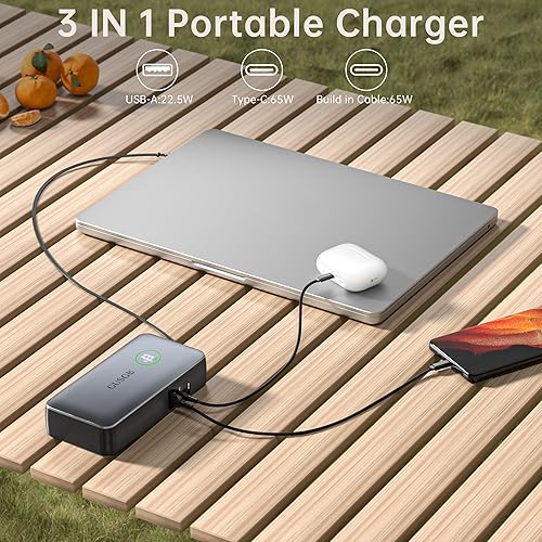 Miniatura 6 de GUSGU X3 Pro - Banco de energía de 20,000 mAh con enchufe plegable, cable USB-C retráctil y puertos tipo CUSB-A, cargador rápido PD Max de 65 W para
