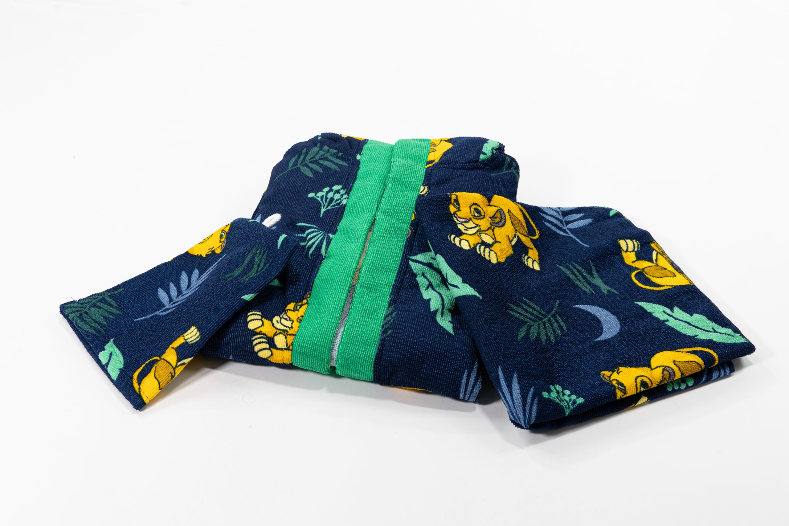 Aymax, Set Peignoir + Serviette + Gant Enfant Le Roi Lion Disney 7-8 Ans | Simba Bleu Marine Vert | Licence Officielle