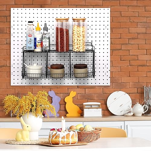 Miniatura 6 de Huwena Juego de 2 cestas escalonadas para tablero perforado con 4 ganchos para tablero de clavijas, sistema de almacenamiento de piezas de tablero