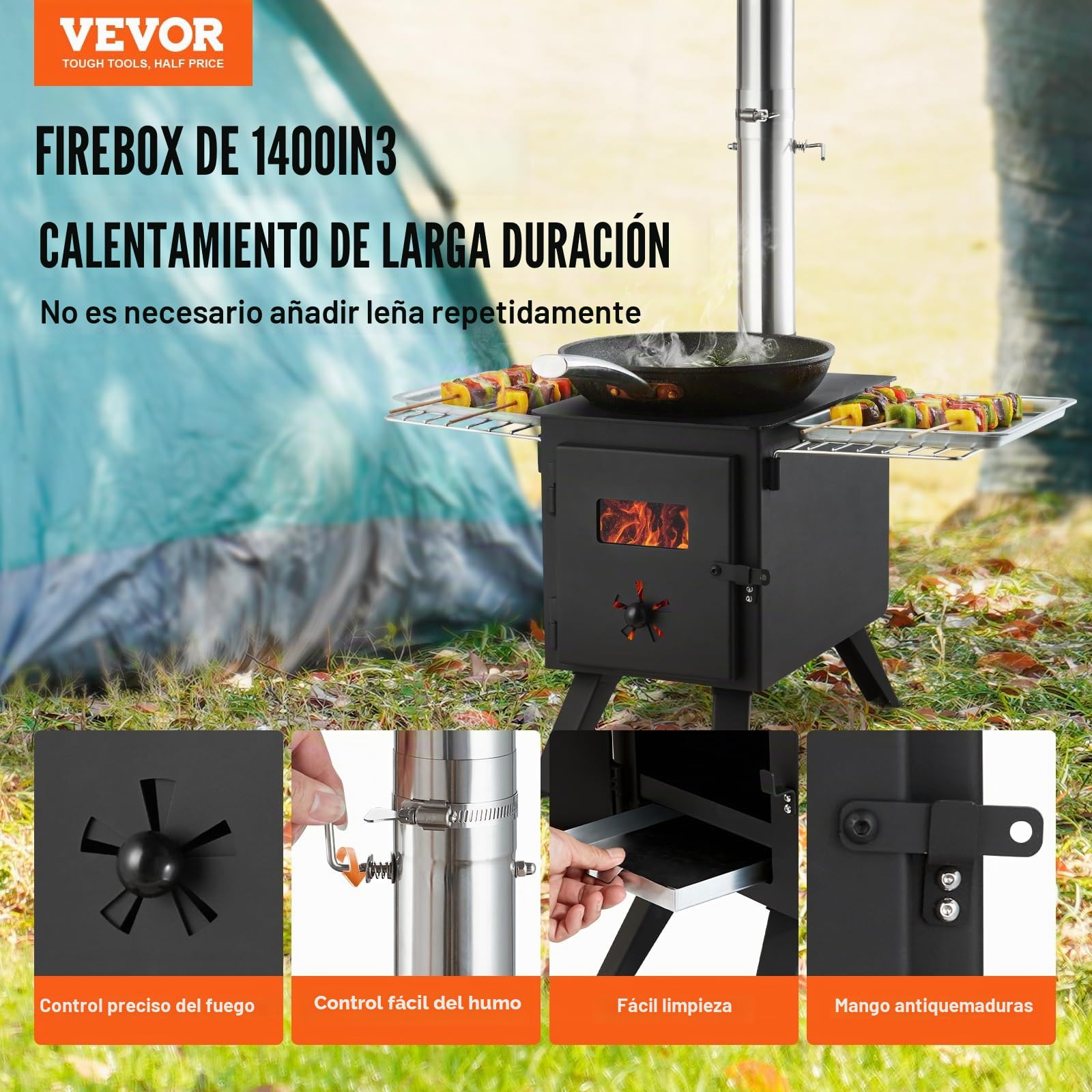 VEVOR Estufa de Leña Estufa Portátil para Tienda de Campaña de Acero de Aleación con 8 Tubos de Chimenea y Guantes Estufa Cálida para Cocinar y Calentar al Aire Libre 394 x 608 x 425 mm