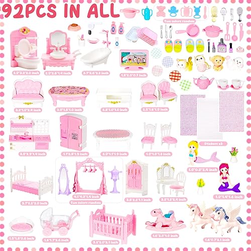 Miniatura 2 de Juego de muebles en miniatura de 92 piezas, accesorios a escala 112, mini muebles de plástico para dormitorio, sala de estar, baño, cocina, pequeña