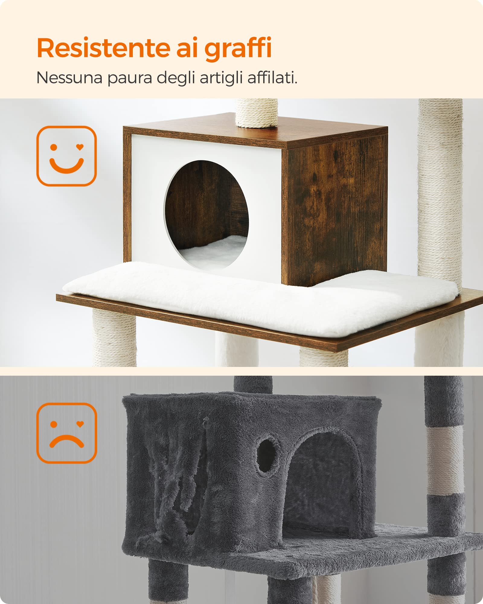 FEANDREA Albero per Gatti, Tiragraffi Moderno 138 cm, Condominio per Gatti a più Livelli con Tiragraffi, Casa sull'Albero con Amaca, Posatoi, Peluche Morbido, Cuscini Lavabili, Marrone Vintage