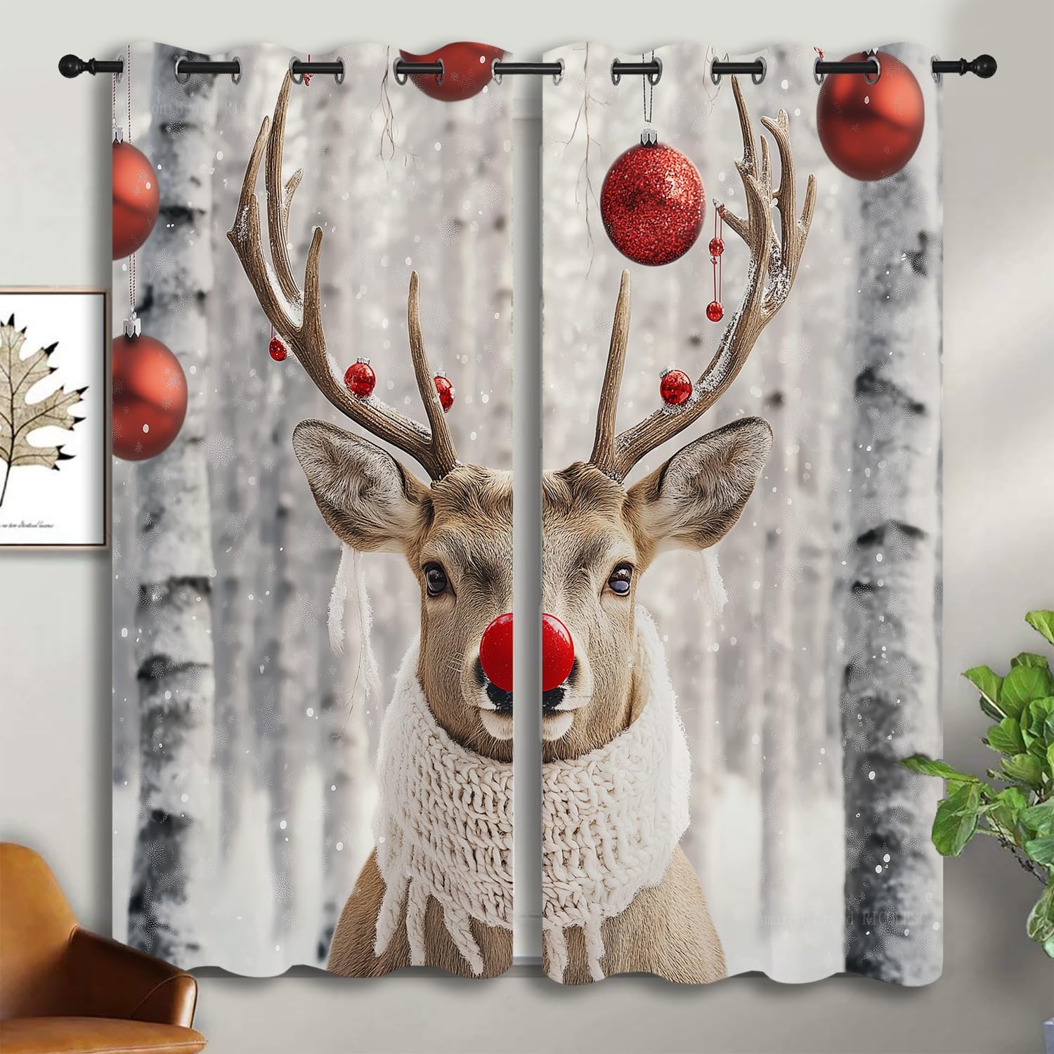 Christmas Rod Pocket Blackout Curtains for Boy Girl Bedroom, Pine Branch Mushrooms and Bells Thermal Insulated Home Window Drapes for Living Room Darkening, 72x63 inch