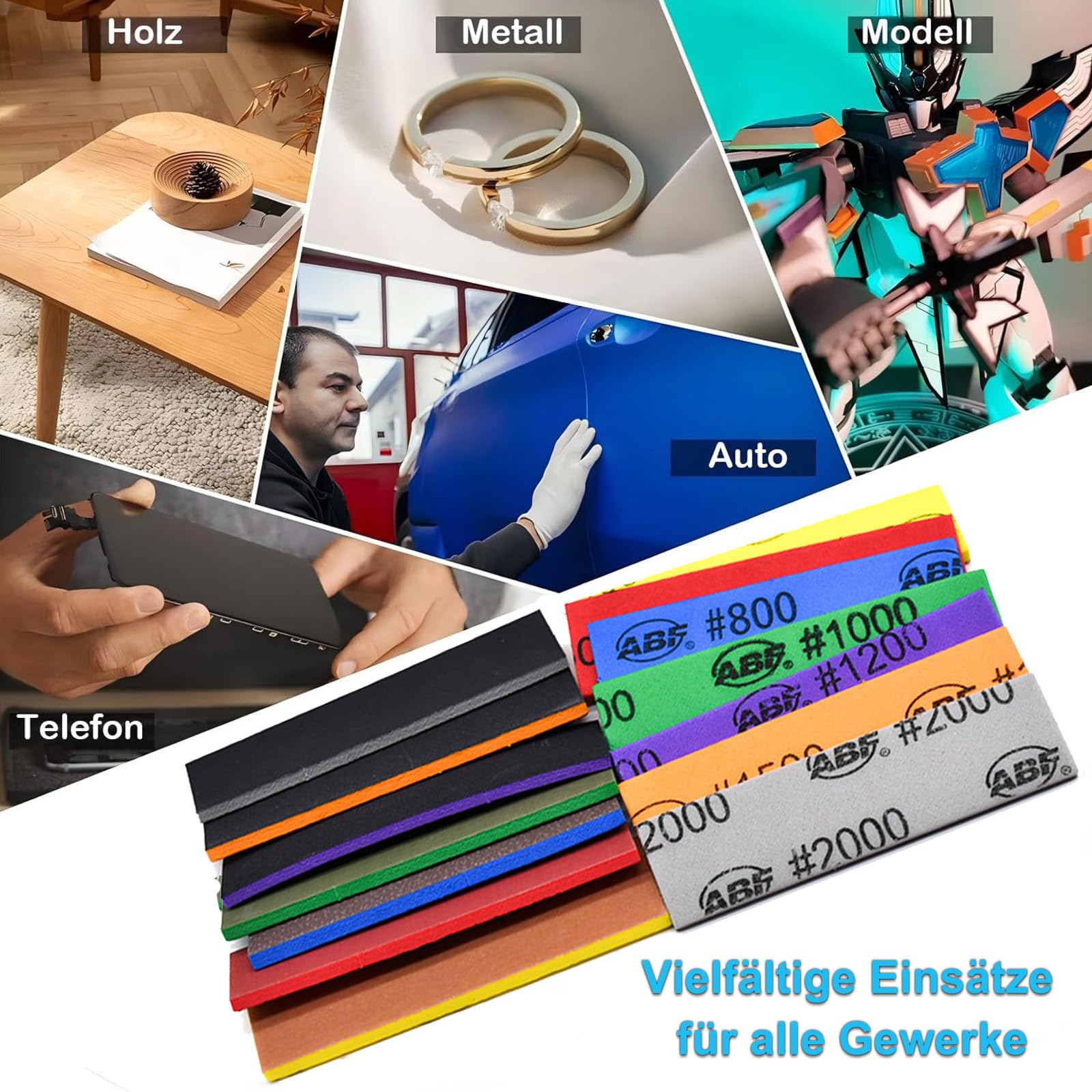 Set di spugne abrasive Yuenton 15 pezzi, carta vetrata 800-2000 grana per uso a umido e a secco, spugna flessibile per legno, plastica, stampi 3D, fai da te, modellismo