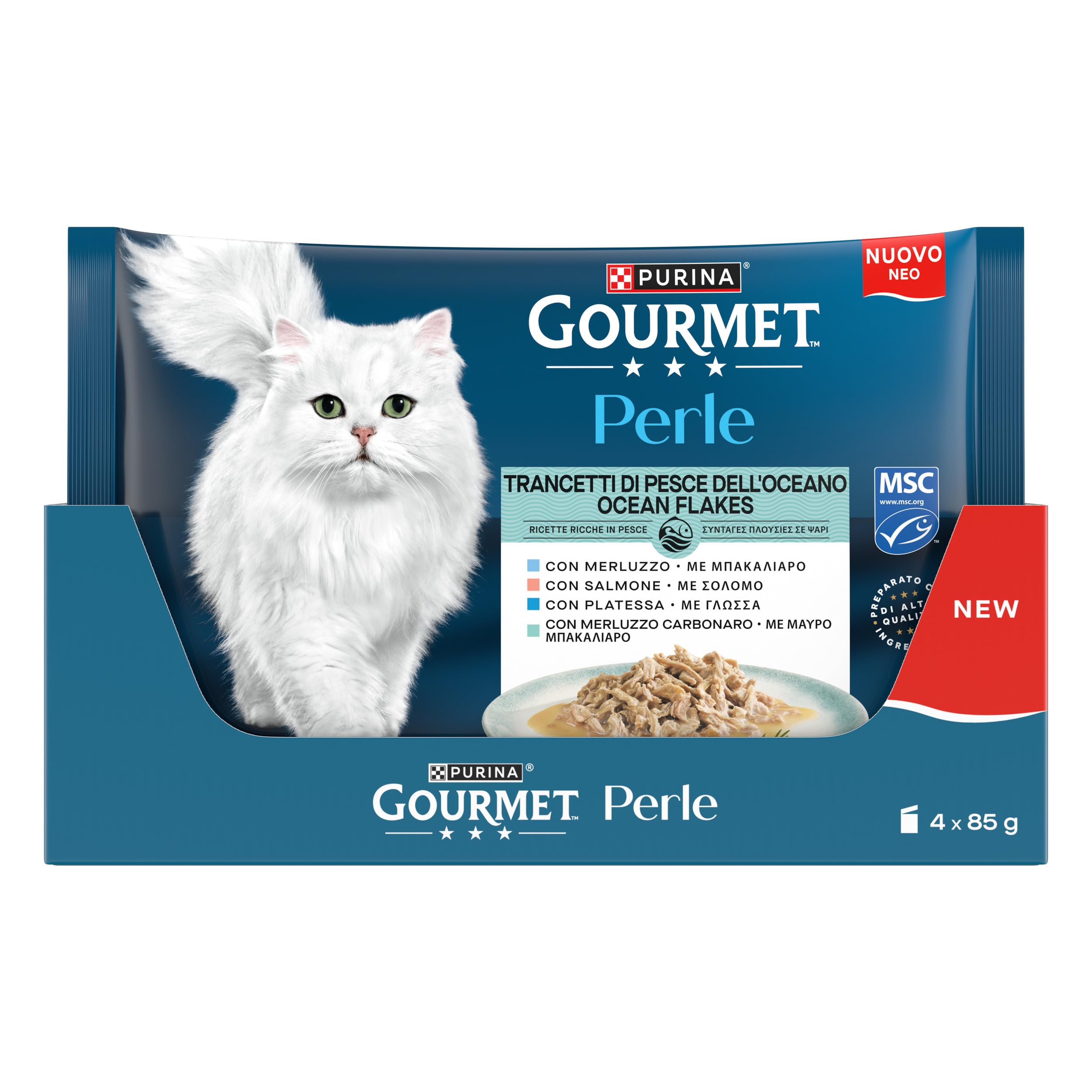 GOURMET PERLE Cibo umido per gatti Adulti Trancetti Pesce dell'Oceano con Salmone, Merluzzo, Platessa e Merluzzo Carbonaro 48 bustine da 85g