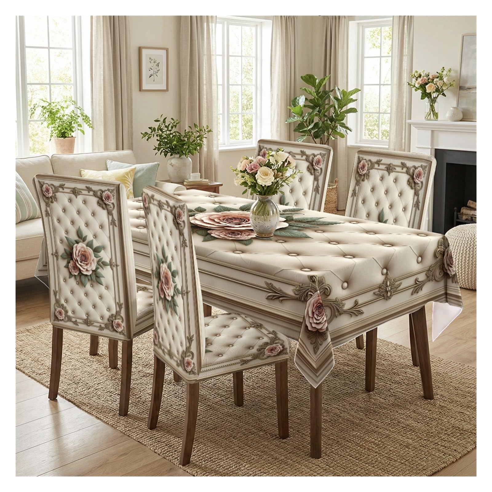 Housses de chaise et nappe motif capitonné rose : l'élégance classique de maison