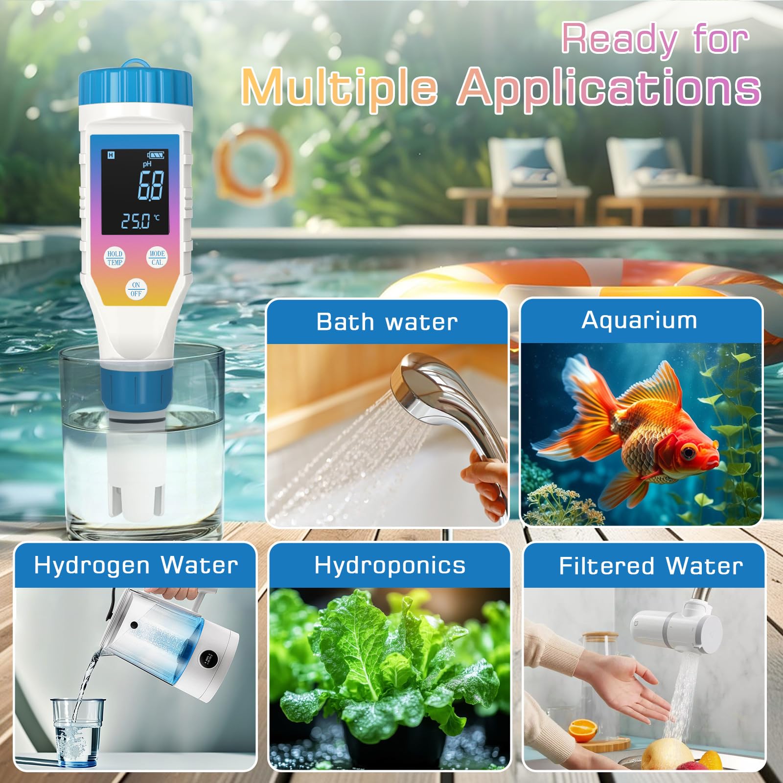 7 in 1 pHmetro per acqua, Kit pH/H2/TMEP/EC/TDS/ORP/SALINITÀ, Tester di Salinità per Acquari, Misuratore ORP per Acqua Ricca di Idrogeno, Misuratore TDS e EC per Idroponica