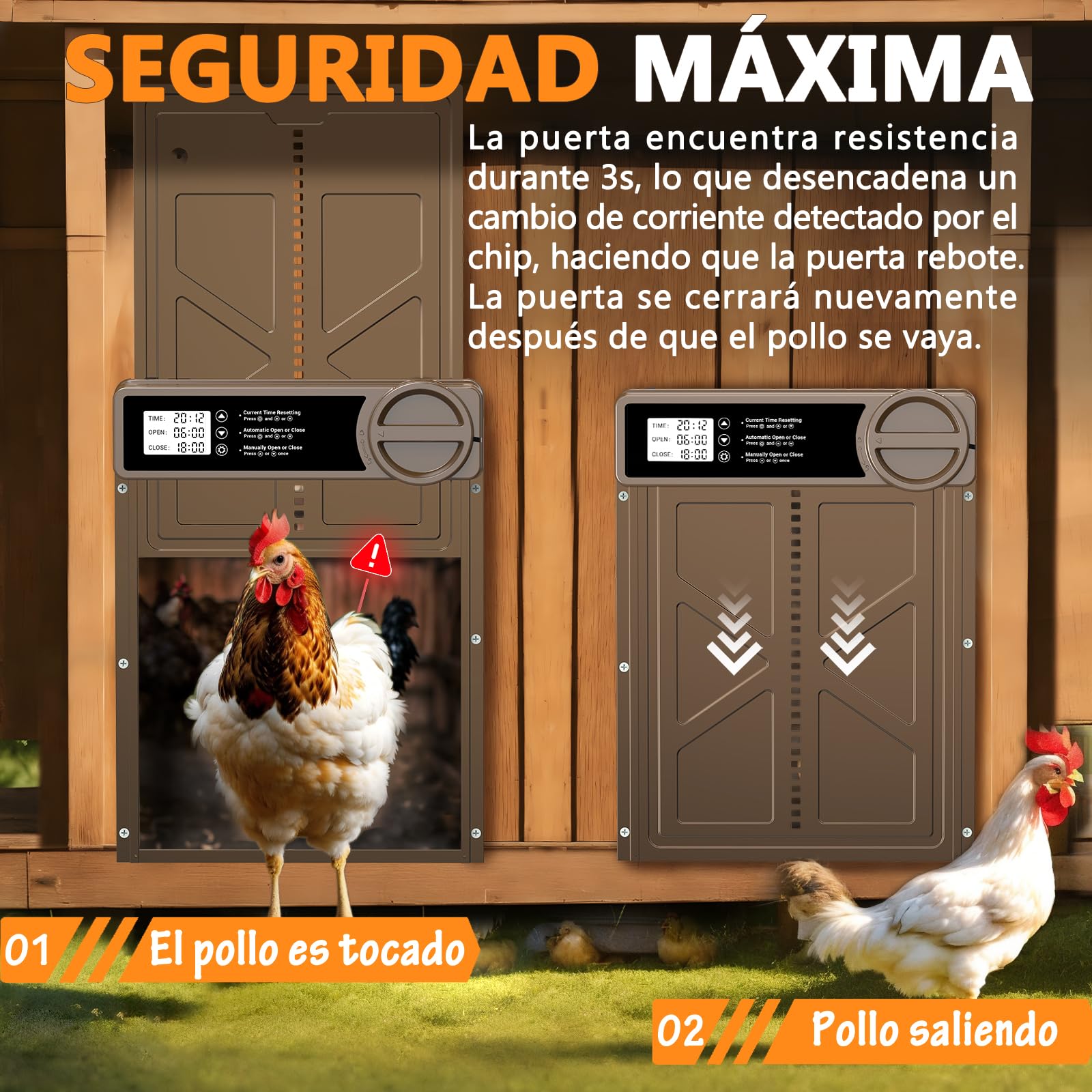 Puerta Gallinero Automatica Grande con Pantalla LCD, Puerta Automática Gallinero con Función Manual y Temporizador | Aluminio | Anti-atrapamiento, Puerta Gallinero Alimentada por Batería