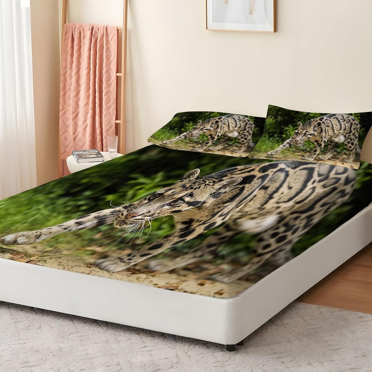 Leopard Cat Sheets Queen Size - Wildlife Bed Sheets, Soft Microfiber & Deep Pocket & Wrinkle Free Patterned Bedding Sheets & Pillowcases, 4 Piece (Fitted Sheet, Flat Sheet, Pillow Case)