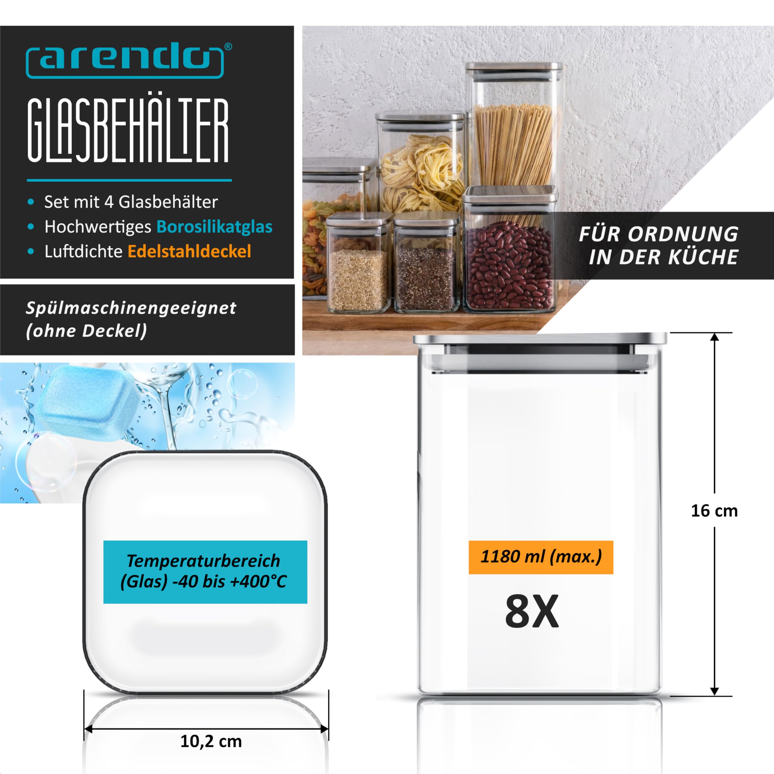 Arendo - Vorratsgläser 1200ml mit Deckel Edelstahl - 8er Set - Behälter aus Glas – hitzebeständig – Vorratsdosen/Vorratsbehälter mit Edelstahl Deckel - luftdicht - für Müsli Zucker Mehl Kaffee