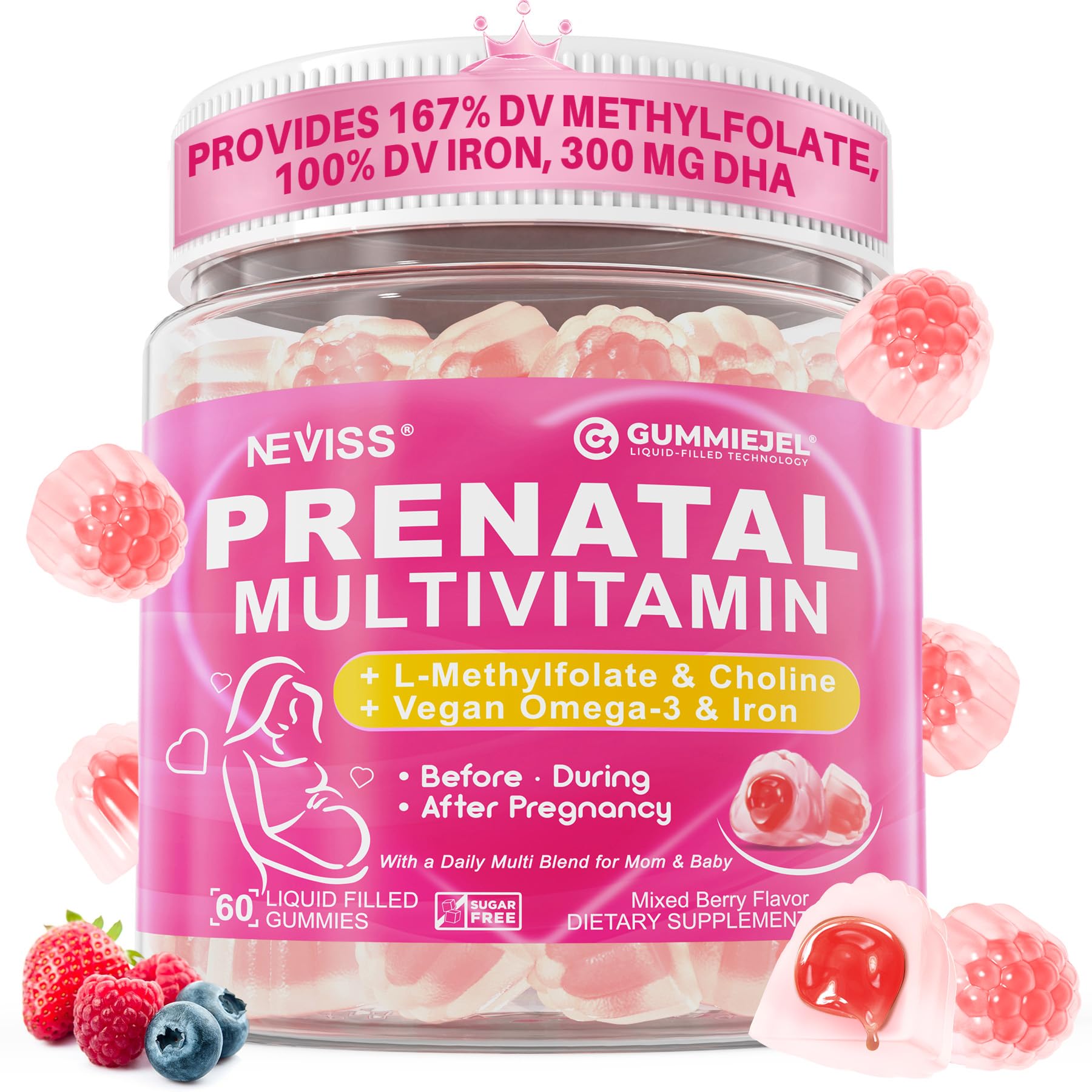 Prenatal Vitamins for Women Gummies w/ Methylfolate 1mg,DHA Iron Choline B6 60 Count (Pack of 1)