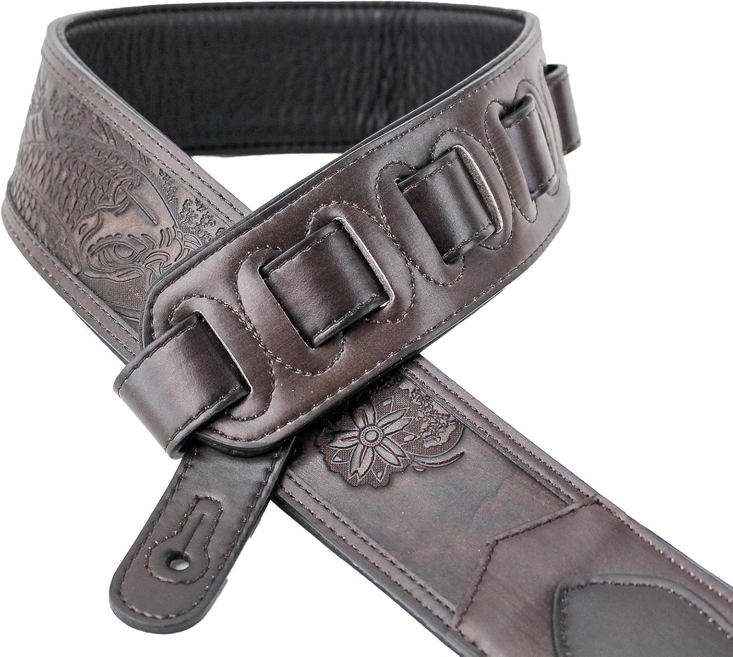 Walker & Williams LIE-14 “Weathered” Dark Brown Padded Guitar Strap with Koi Fish Tooling