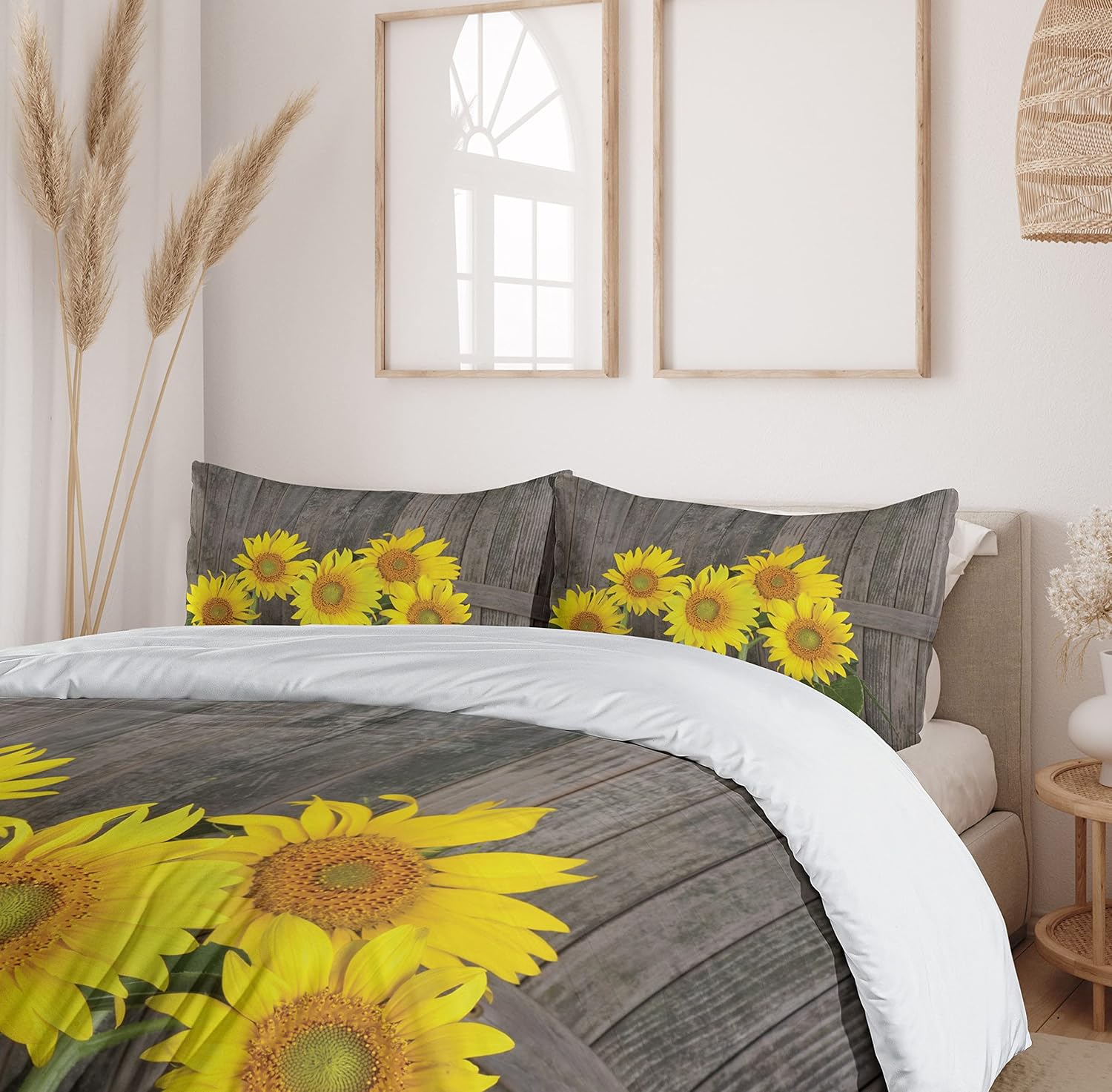 Ambesonne Sunflower Duvet Cover Set, Helianthus Sunflowers Against Weathered Aged Fence Summer Garden Photo, Decorative 3 Piece Bedding Set with 2 Pillow Shams, Queen Size, Brown Yellow
