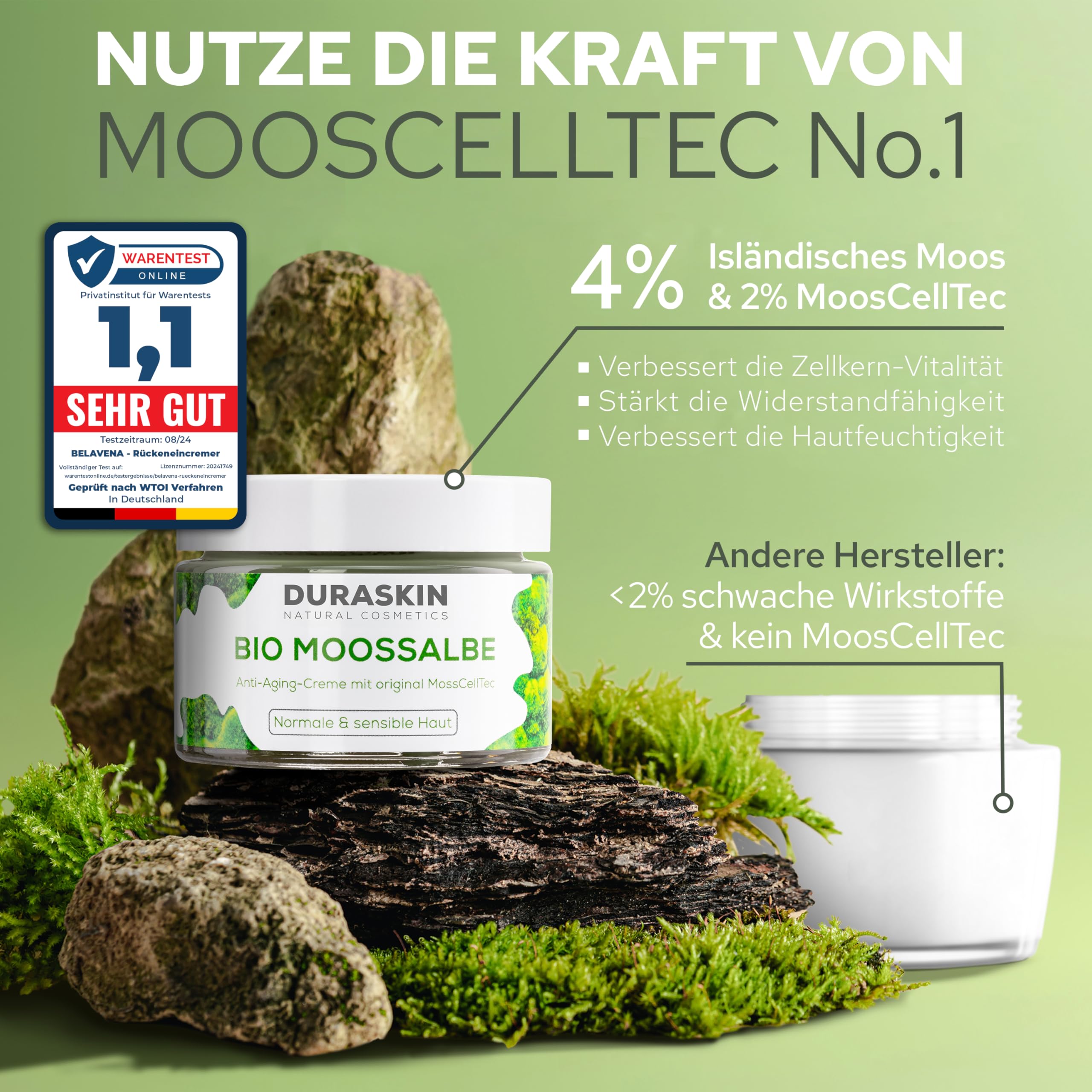BIO Moossalbe gegen Falten mit hochwirksamen MoosCellTec | TESTSIEGER Mooscreme für Gesicht mit Anti Aging Wirkung als Feuchtigkeitscreme Tag & Nacht | vegane Naturkosmetik Made in Germany