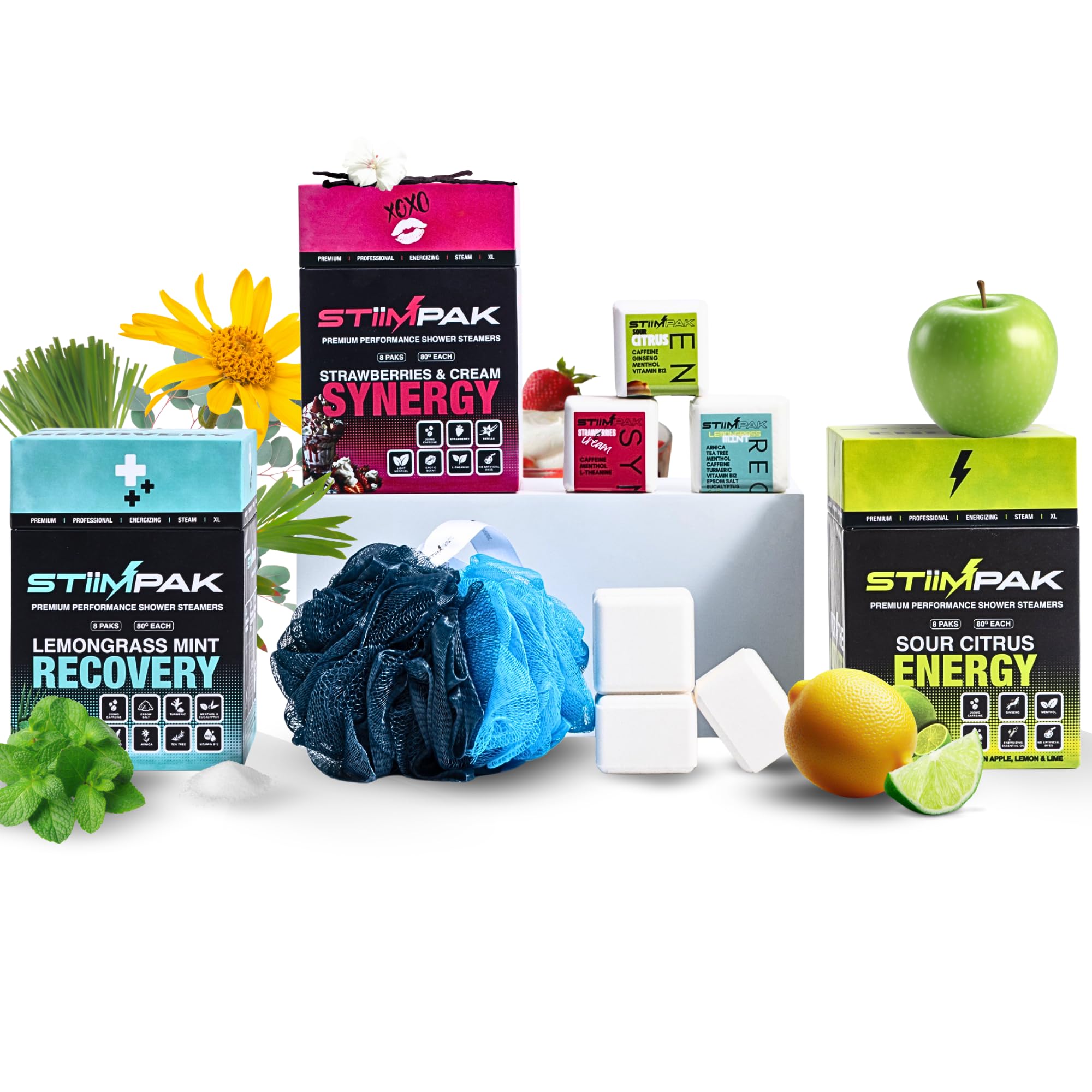 Shower Steamers Gift for Women | Vanilla Strawberry Menthol | Calming Relaxation | Synergy | XXL 80g | Relaxing Self Care Aromatherapy for Women | L-Theanine | STiiMPAK (8 Pak + Loofah): TRIPLE PAK: Bundle