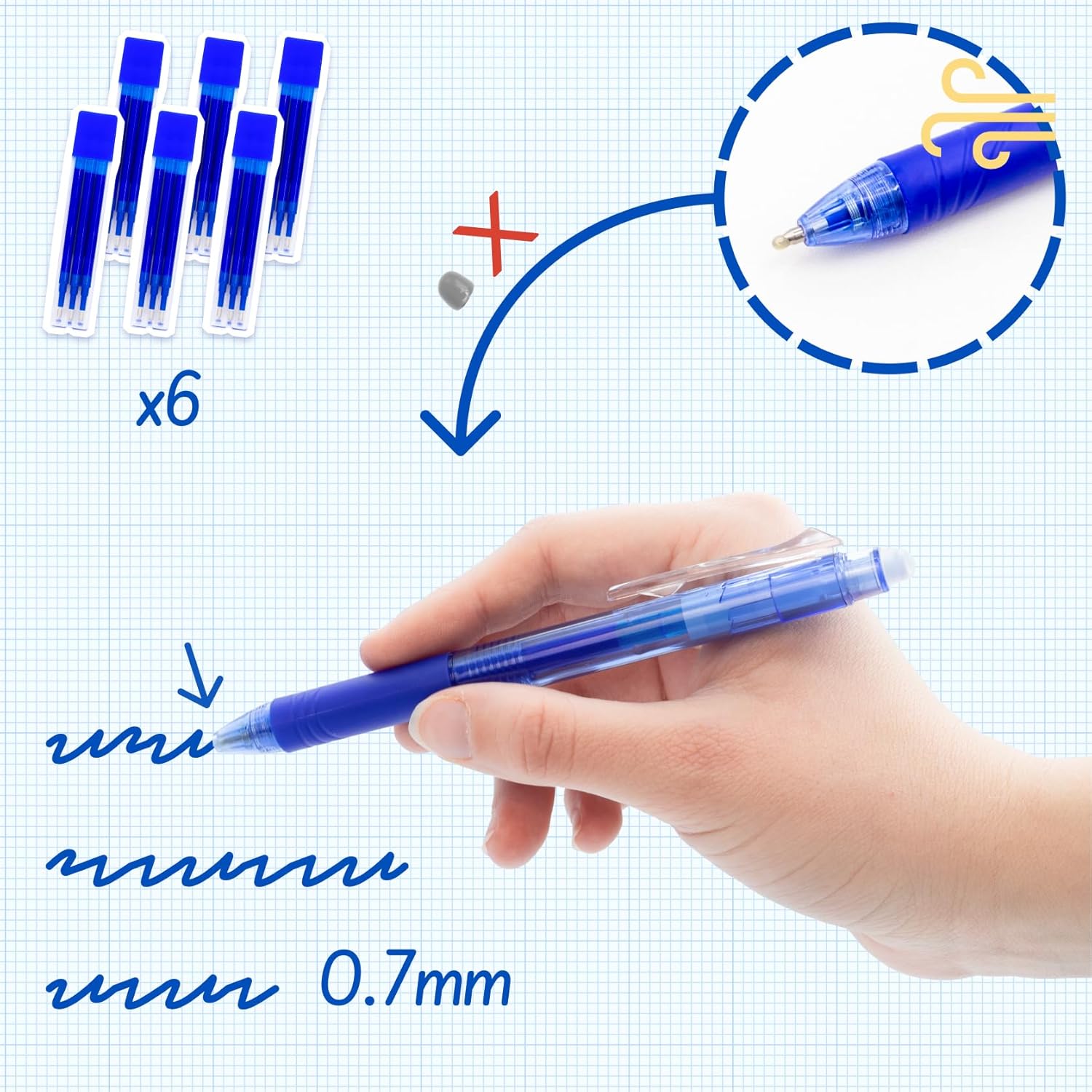 RAYLU PAPER - Retractable Erasable Pen, Gel Ink, 1.0 mm Tip and 0.7 mm Line (Pack of 6 Blue Refills (18 units))