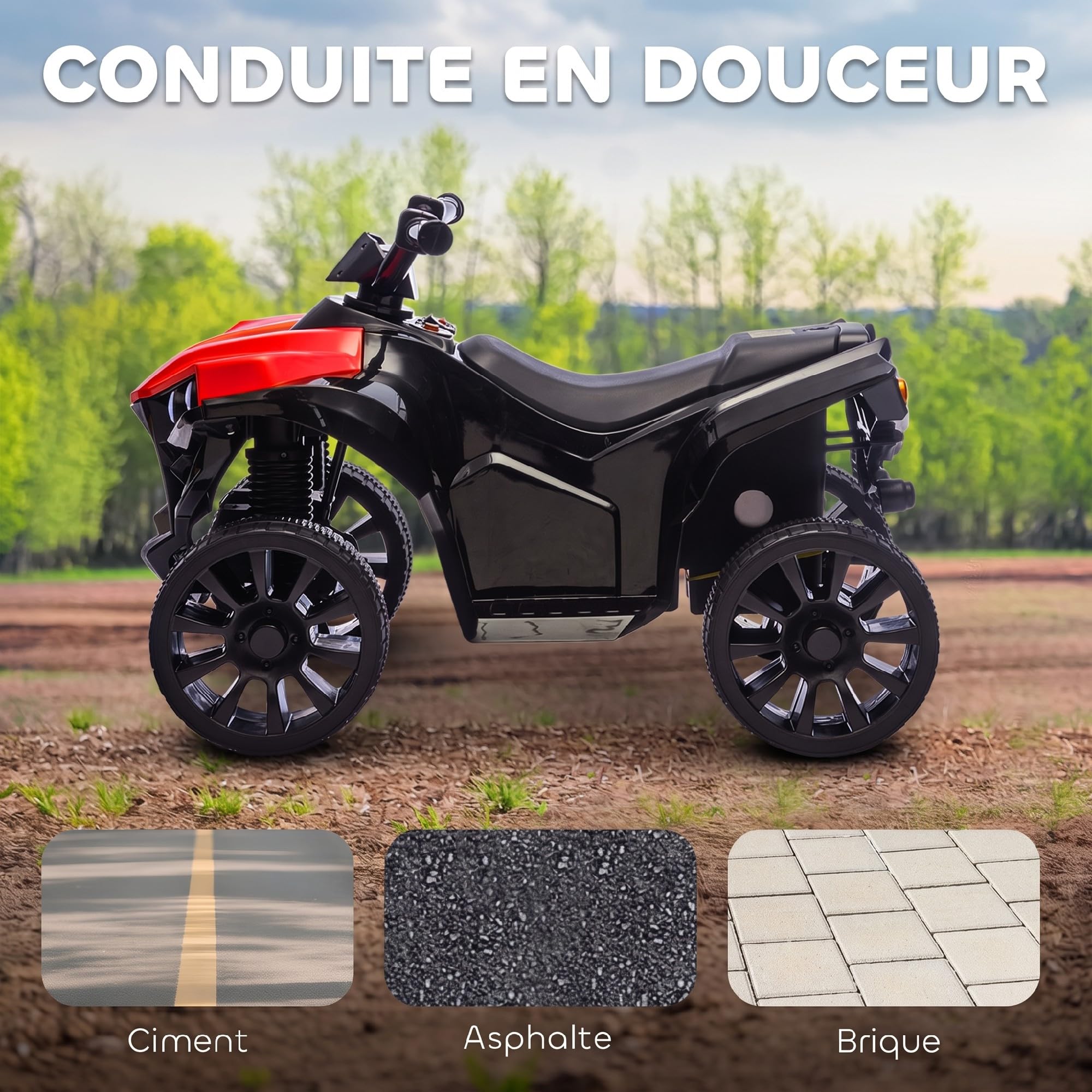 AIYAPLAY Quad Électrique Enfant 6V Musique et Phares LED 4 Roues Rouge