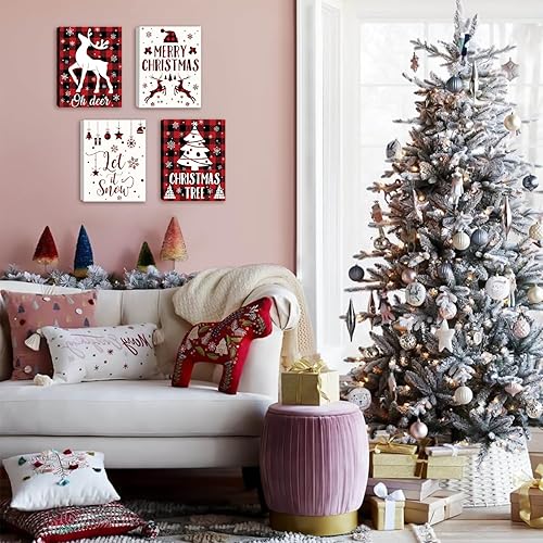 Miniatura 4 de KAIRNE Arte de pared con texto en inglés Merry Christmas, diseño vintage de búfalo a cuadros, con texto Let it Snow (8 x 10 pulgadas) para