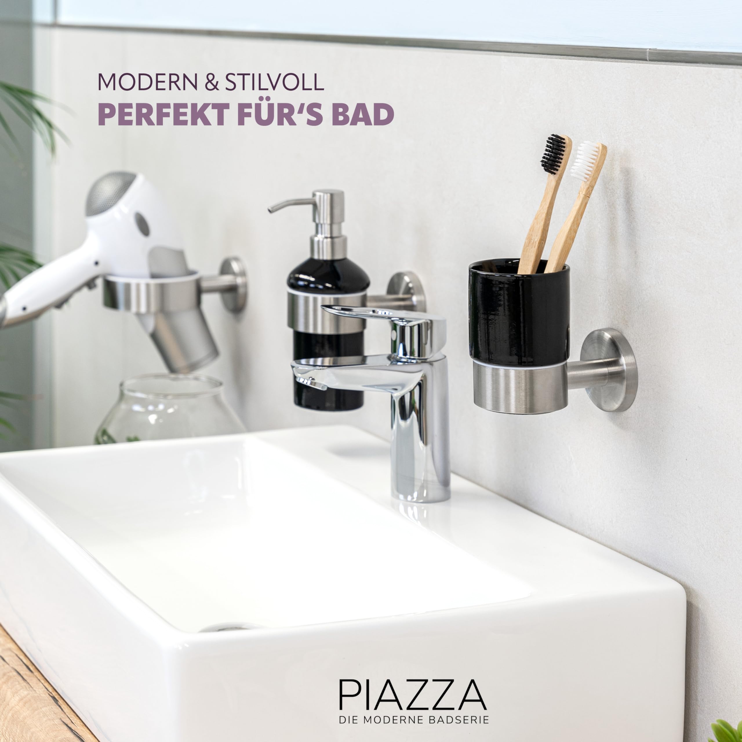 Porta Spazzolini Da Parete In Ceramica Nera - Set Con Bicchiere - Serie Piazza Bremermann®