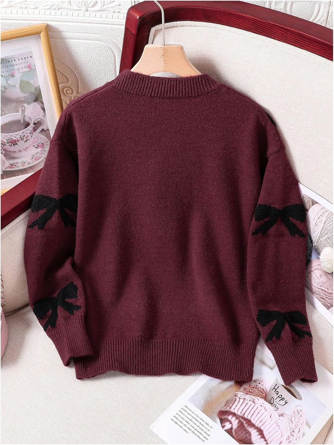 Girl's Cute Bow Sweater Crew Neck Long Sleeve Drop Shoulder Loose Pullover Tops - Image 2