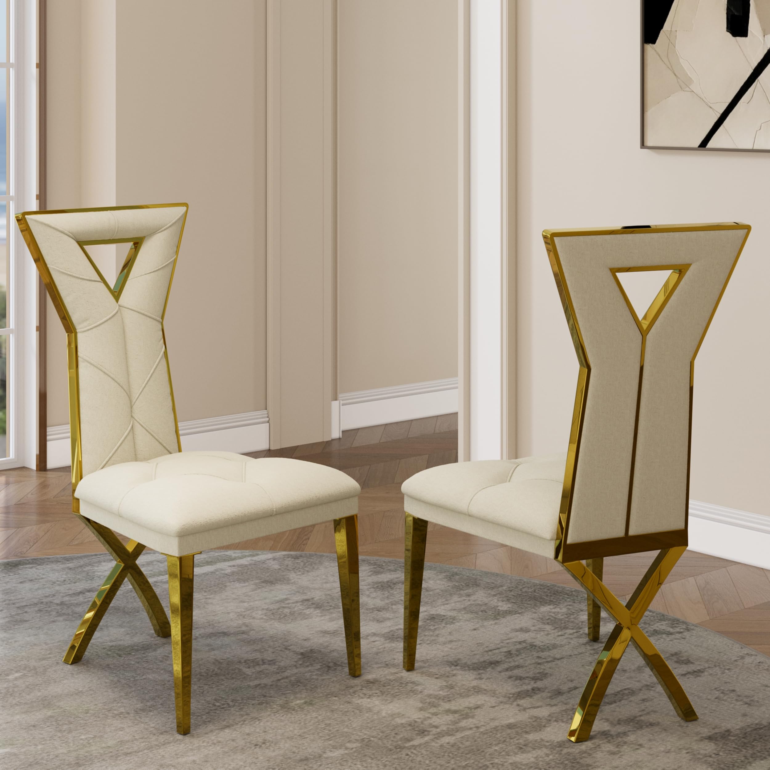 Beige  Dining Chair Set of 2, Retro Elegant Button Tufted Dining Chair with High Back, Triangular Shape, Glossy Stainless Steel Leg for Dining Room, Kitchen