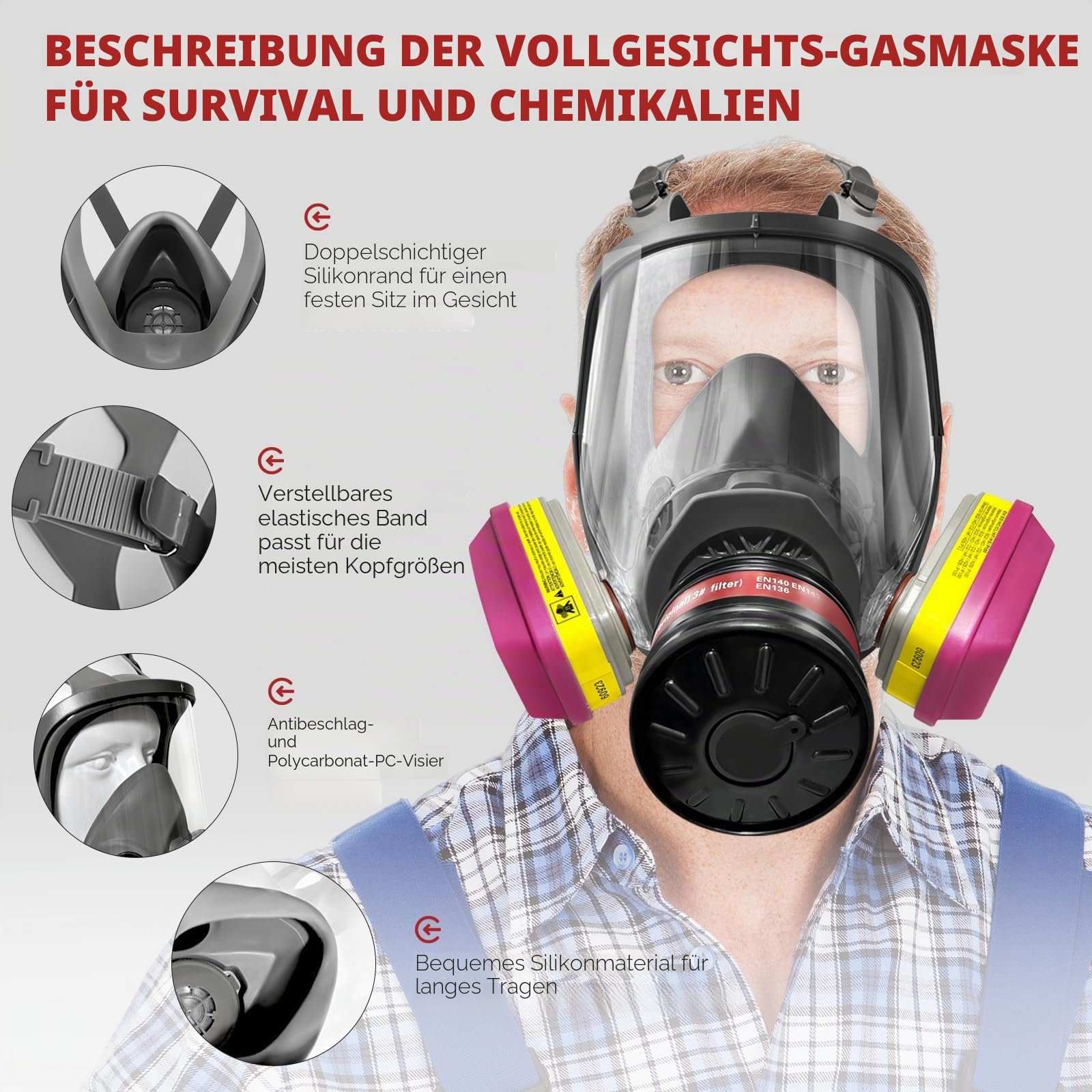 Atemschutzmaske mit 60923 Filtern, Gasmasken Survival Nuklear und Chemie, Vollgesichtsfarbe Atemschutzmaske