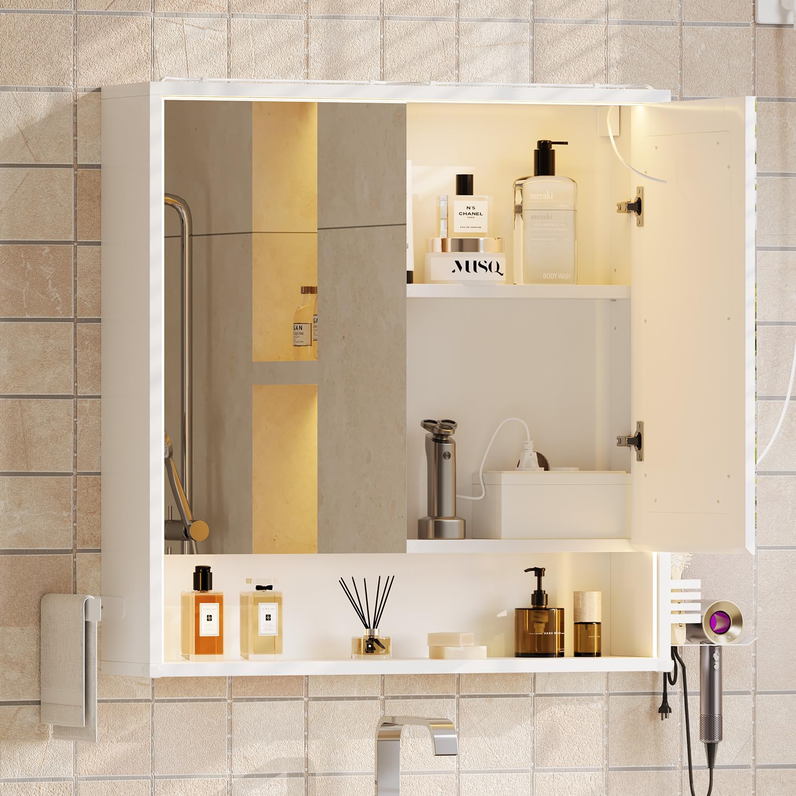 Specchio Bagno Contenitore 70x78x18 cm – Luce LED 3 Lati, Touch con 3 Luci & Prese + USB, Porta Asciugacapelli e Asciugamani, Mobile Bagno con Specchio a Due Ante – Soft-Close