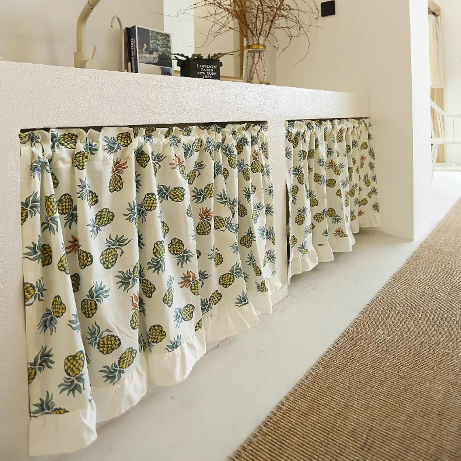 KnSam Rideau Occultant Court en Coton Tissé à Passant Imprimé Ananas à Volants Beige Jaune, Rideau Fenetre Porte Entrée Style Américain 130x150cm 1pcs