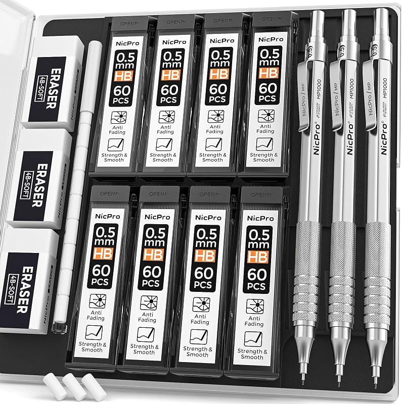 Nicpro 0.5 Mechanical Pencil Set with Case, 3PCS MP1000 Metal Artist Pencil | 480PCS HB Lead Refills 0.5mm, 3 Erasers,9 Eraser Refills For Architect Writing Drafting, Drawing, Engineering, Sketching