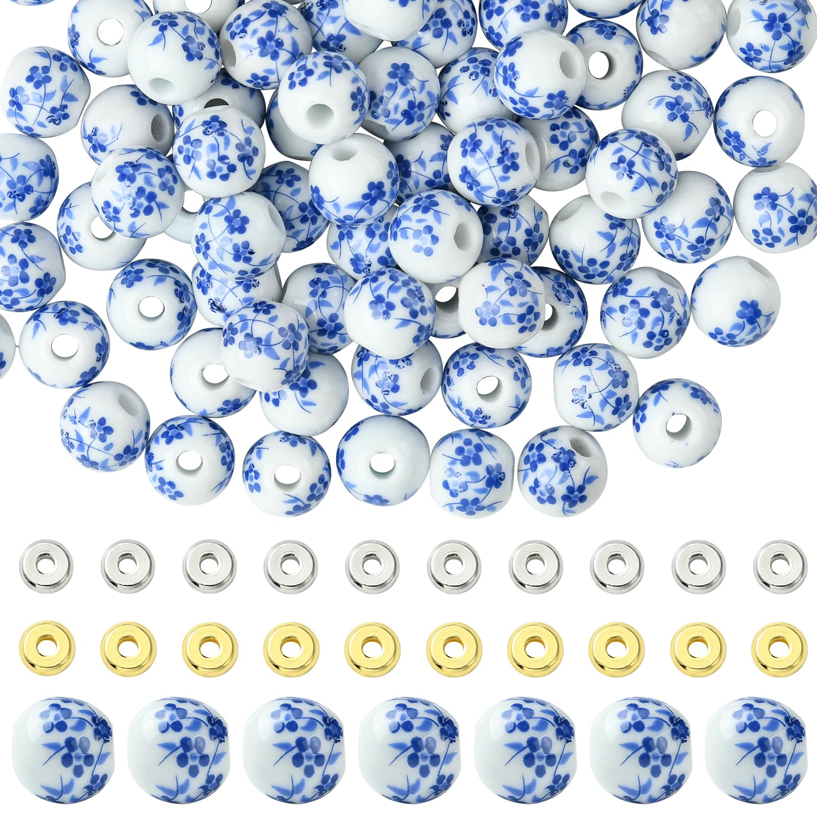 140 perline rotonde in ceramica per la creazione di gioielli con fiore blu stampato perline distanziali kit per braccialetti collane e forniture fai da te