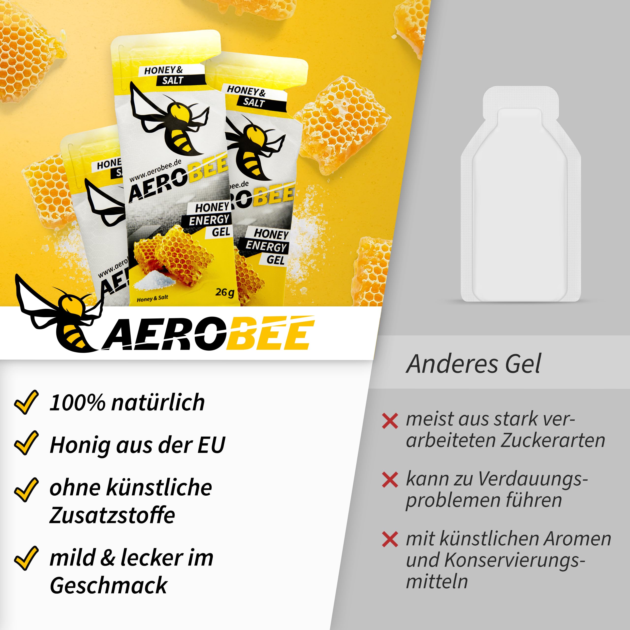 AEROBEE Energy Gel Classic – Honey & Salt 10x26g – [100% Natürliche Energie aus Honig] richtig leckeres Sportgel für den Ausdauersport, Energy Gel Laufen, Power Sport, Sportnahrung