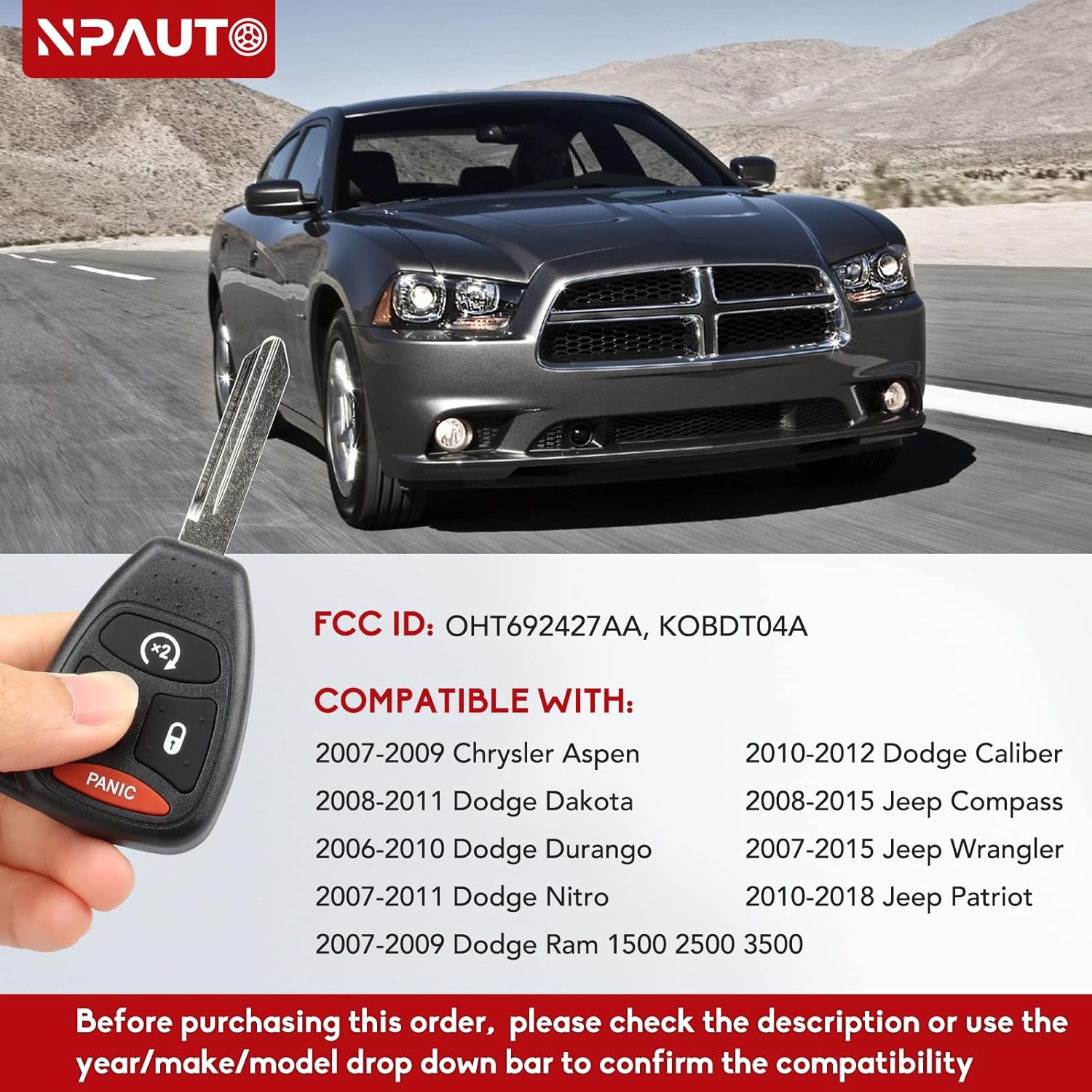 NPAUTO Key Fob Replacement, Fits for Dodge Ram 1500 2500 3500 2007-2009, Jeep Wrangler/Patriot/Compass, Chrysler Aspen, Durango & More - Keyless Entry Remote Start Control Car Key Fobs, KOBDT04A, 2Pcs - Image 2