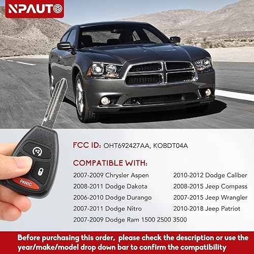 Miniatura 2 de NPAUTO Llavero de repuesto, se adapta a Dodge Ram 1500 2500 3500 2007-2009, Jeep Wrangler/Patriot/Compass, Chrysler Aspen, Durango y más, control
