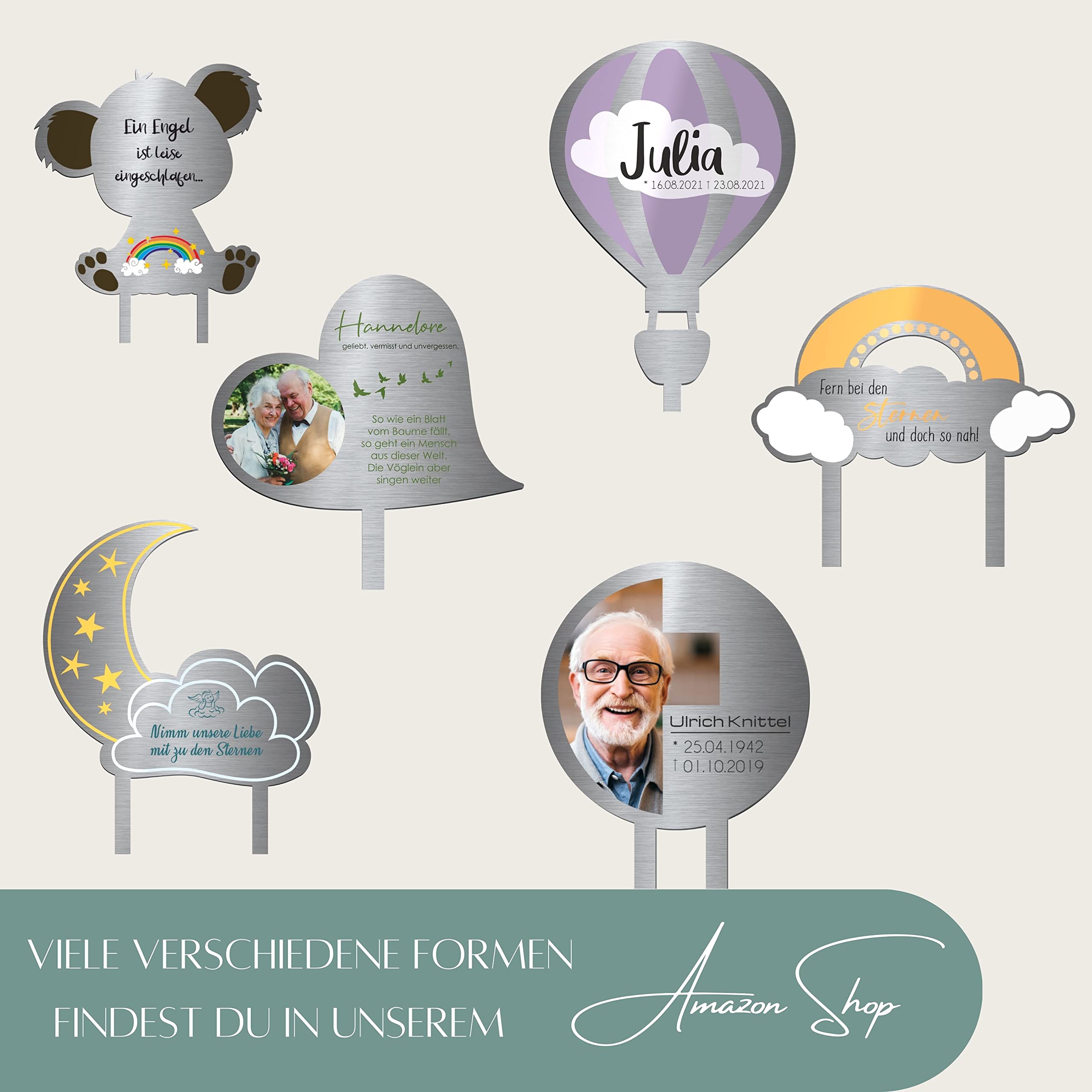 Edelstahl Grabstecker Mond & Sterne - Blumenstecker Metall | Personalisiertes Sternenkind Andenken - Sternenkinder Grabschmuck wetterfest | persönliche Friedhof Grab Kindergrab Deko (Personalisierbar)