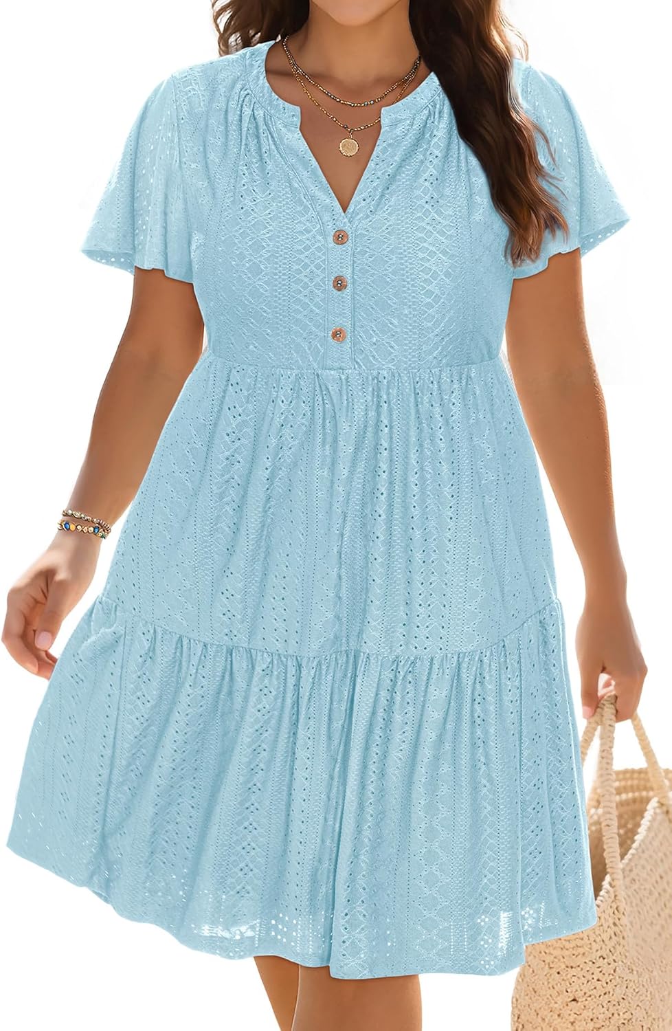 Plus Size Summer Dress - Casual Sundress Beach Short Sleeve V Neck Tiered Button Up Boho Midi Flowy Sun Dresses Women