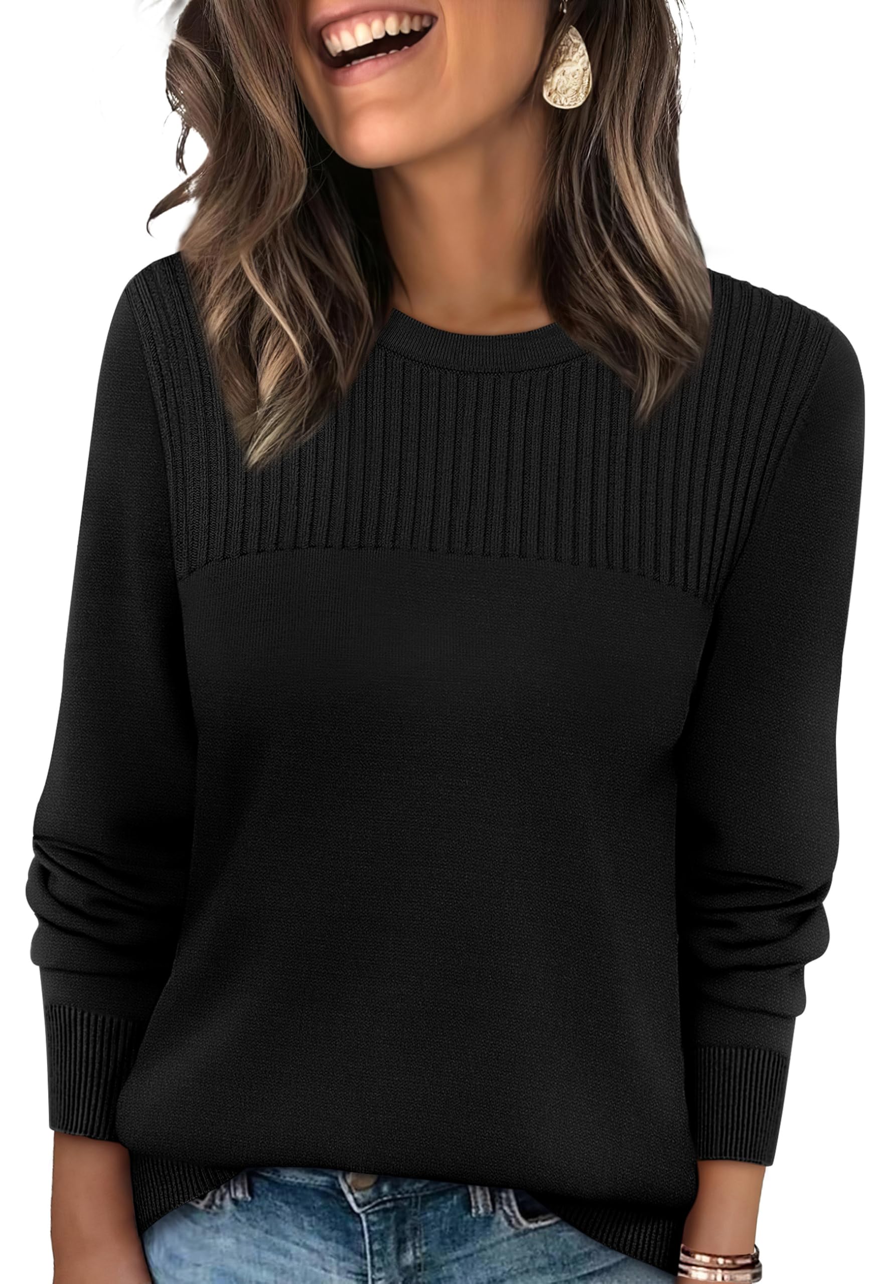 XIEERDUO Sweaters for Women Long Sleeve Shirts Round Neck Ribbed Knit Pullover Sweater Fashion Clothing