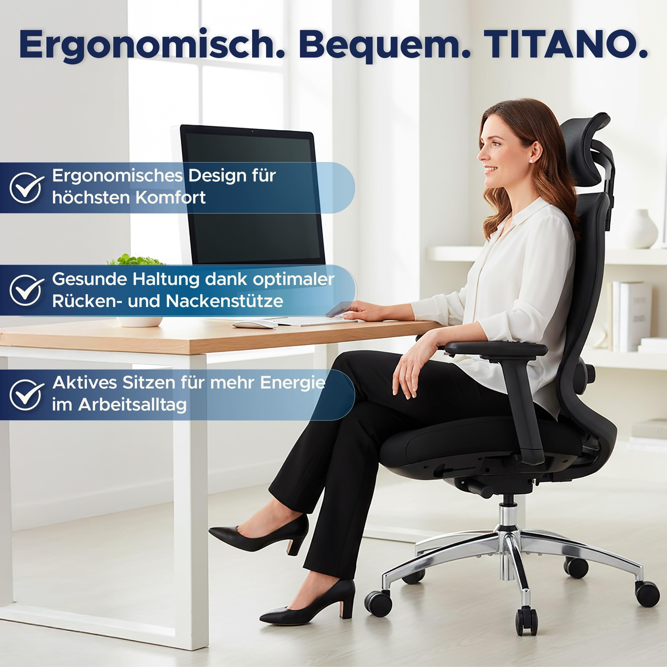 TITANO E5 | Ergonomischer Bürostuhl mit Neigungsfunktion, 4D-Armlehnen, Lendenwirbelstütze & Kopfstütze – Drehstuhl für Home Office & Büro | 150 kg Belastbar | Ergonomic Schreibtischstuhl