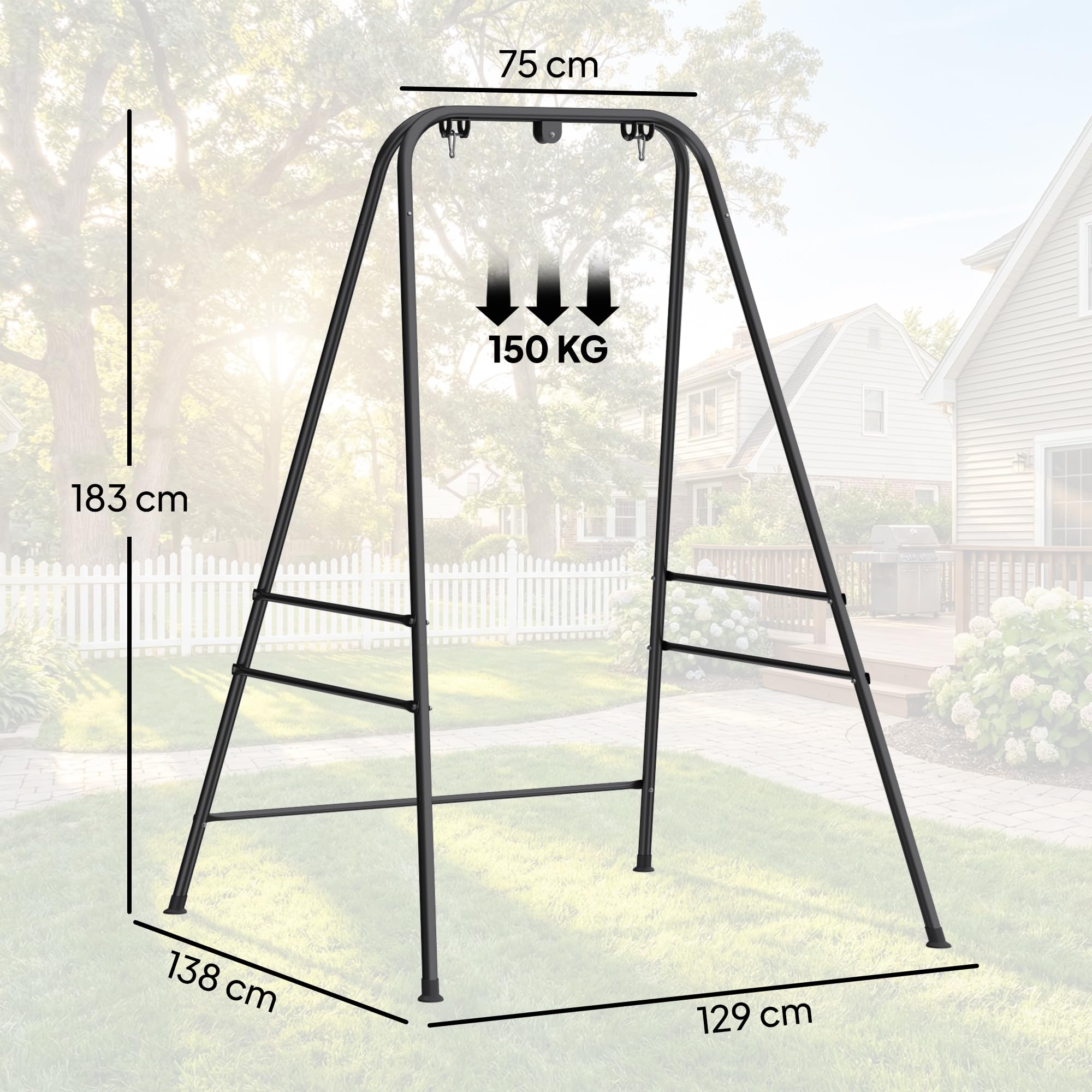 Outsunny Supporto per sedia sospesa e amaca, 183 cm, supporto per altalena con struttura in acciaio, cuscinetti antiscivolo e 2 moschettoni, per interni ed esterni, carico 150 kg, nero