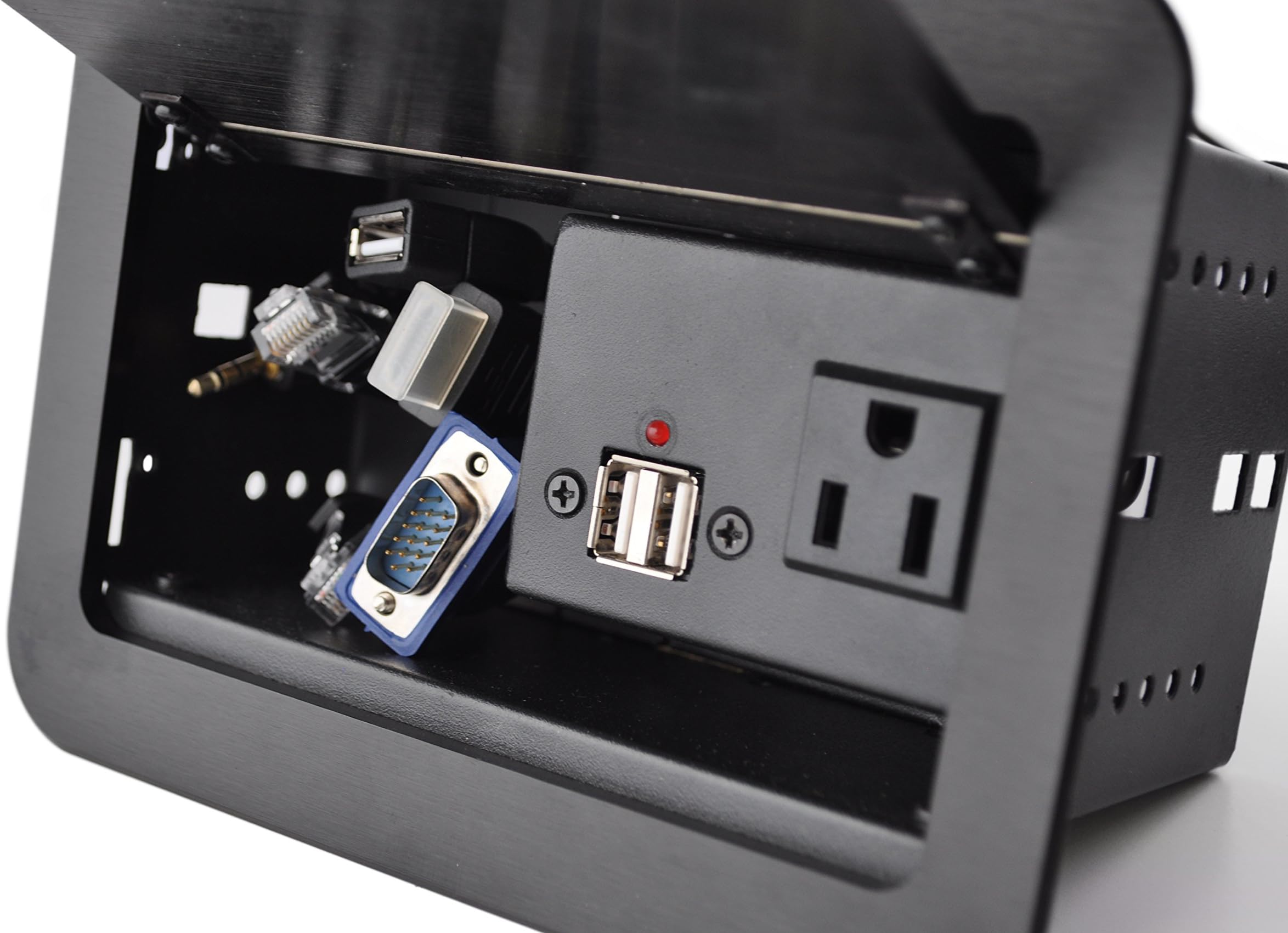 Yolkvisual Conference Table Connectivity Box 1 x AC Pwr (US) + 2 US B Charger + 1USB(M/M) + 1 VGA + 1 HDMI + 2 RJ45(CAT6) + 1 Audio3.5mm, with 1.8M Cables